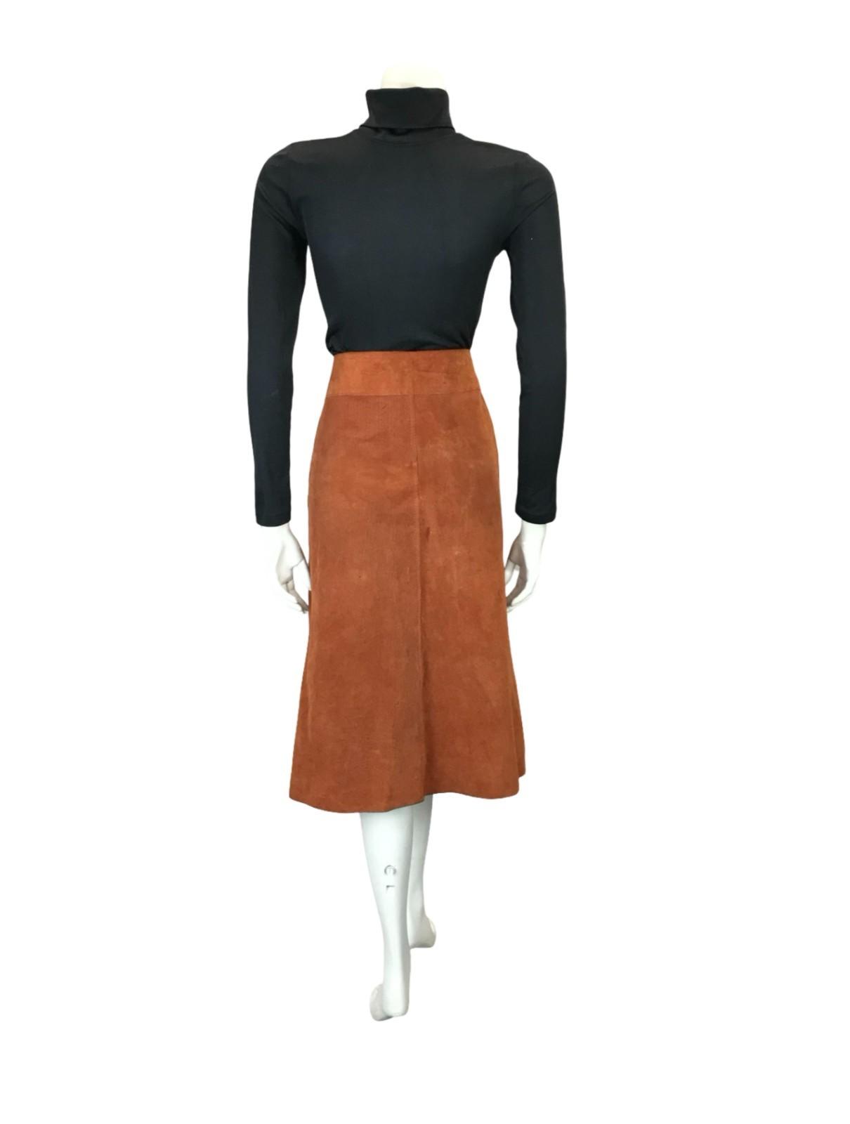 VTG 60S 70S RUSTY BROWN SUEDE HIPPY BOHO SILVER BUCKLE MIDI SKIRT 12