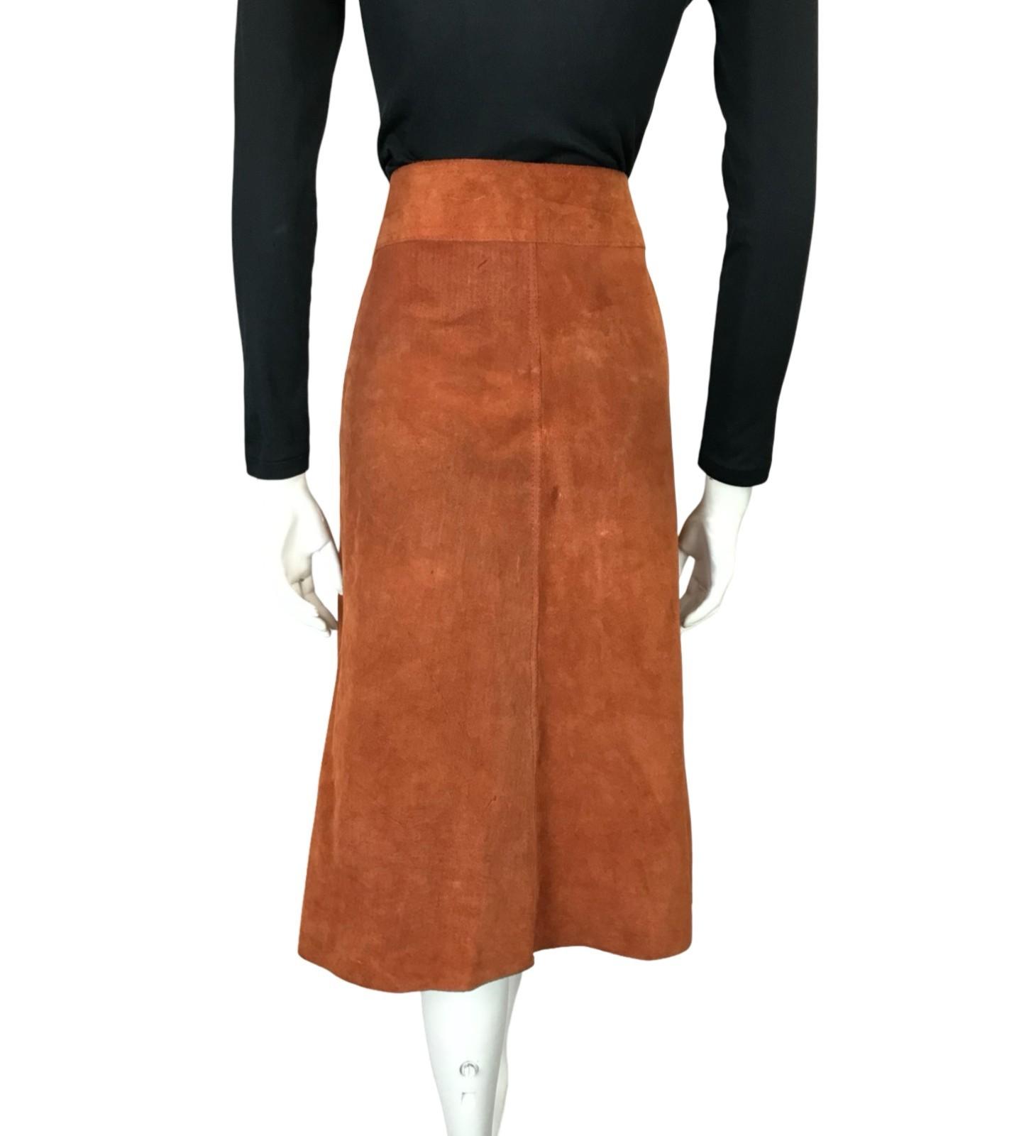 VTG 60S 70S RUSTY BROWN SUEDE HIPPY BOHO SILVER BUCKLE MIDI SKIRT 12