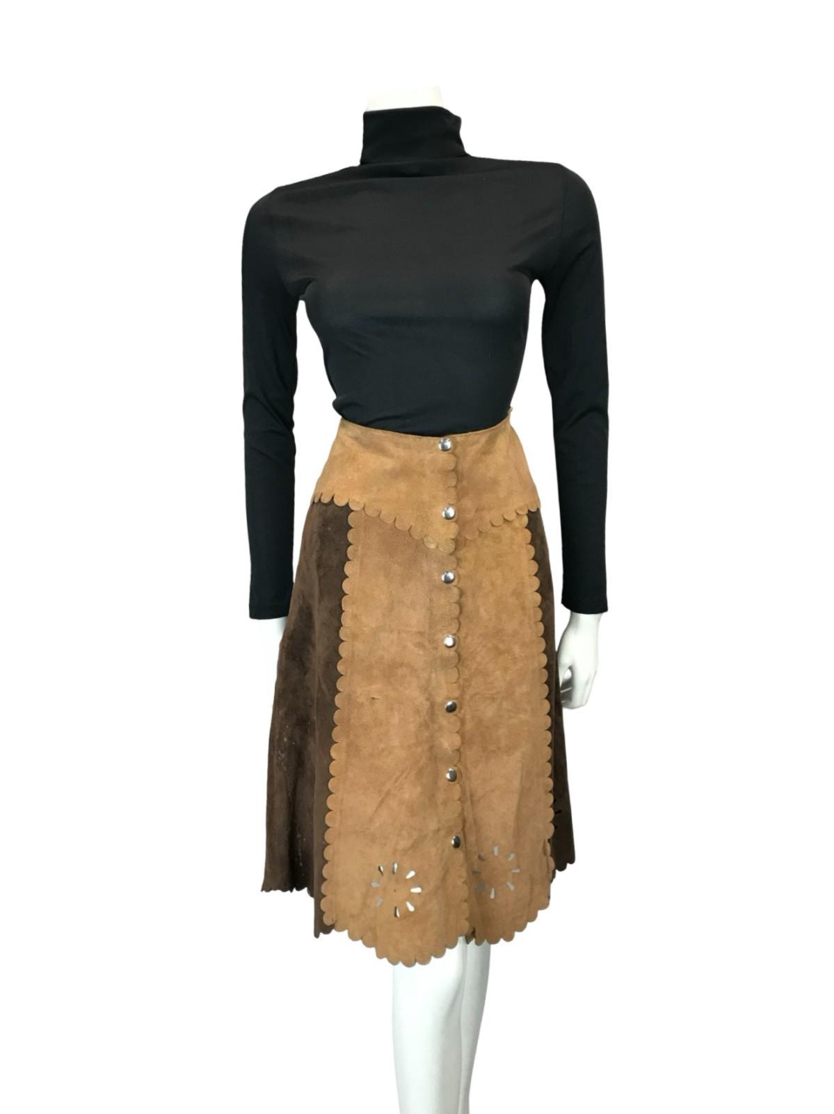 VTG 60S 70S BROWN TAN SUEDE TWO TONE SCALLOPED HIPPY BOHO MIDI SKIRT 6 XS