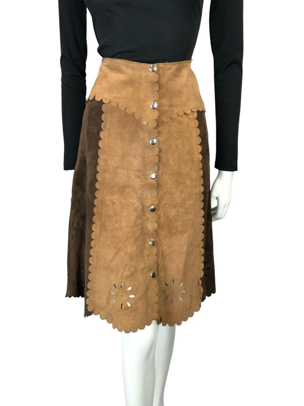 VTG 60S 70S BROWN TAN SUEDE TWO TONE SCALLOPED HIPPY BOHO MIDI SKIRT 6 XS