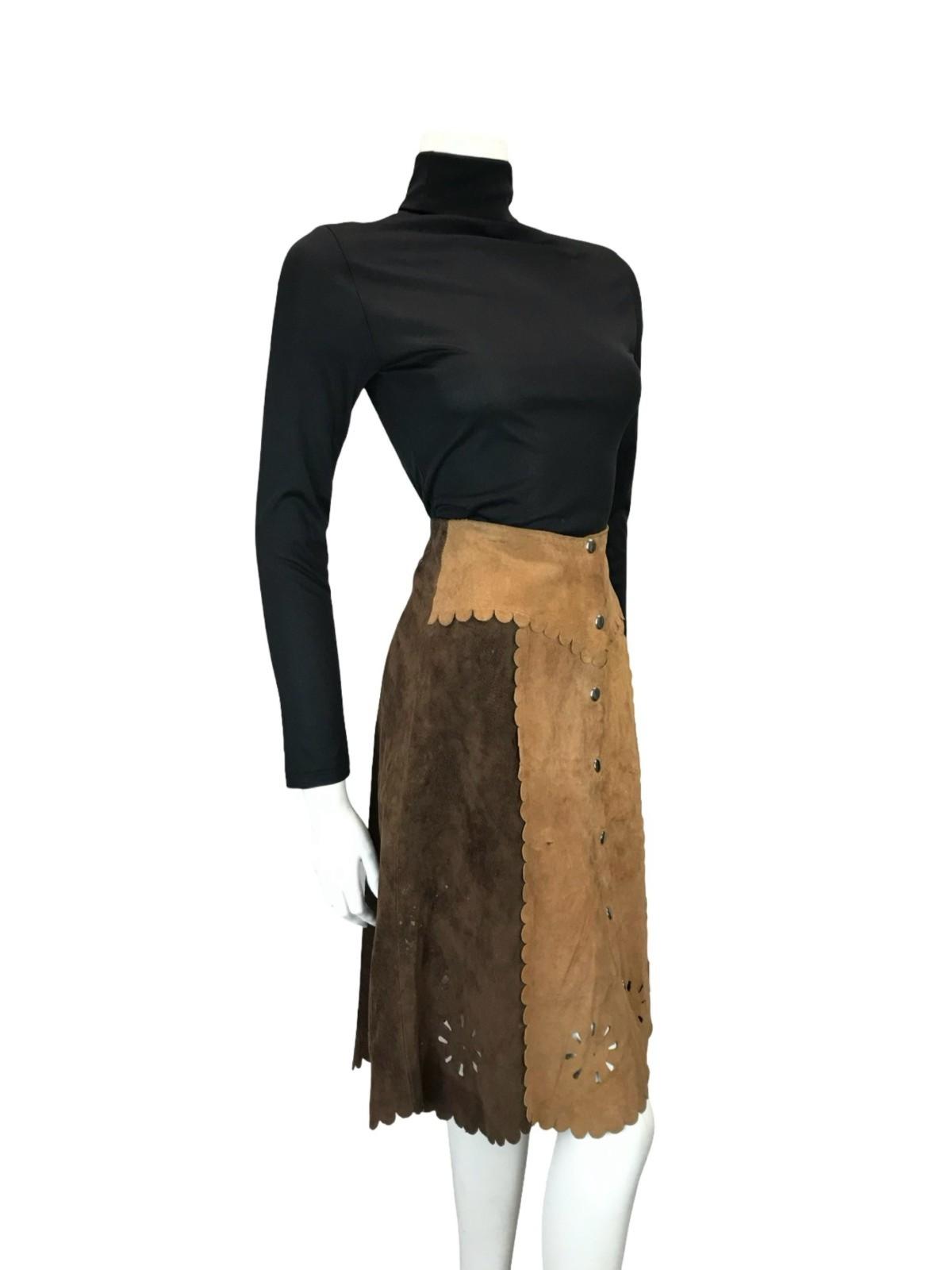 VTG 60S 70S BROWN TAN SUEDE TWO TONE SCALLOPED HIPPY BOHO MIDI SKIRT 6 XS