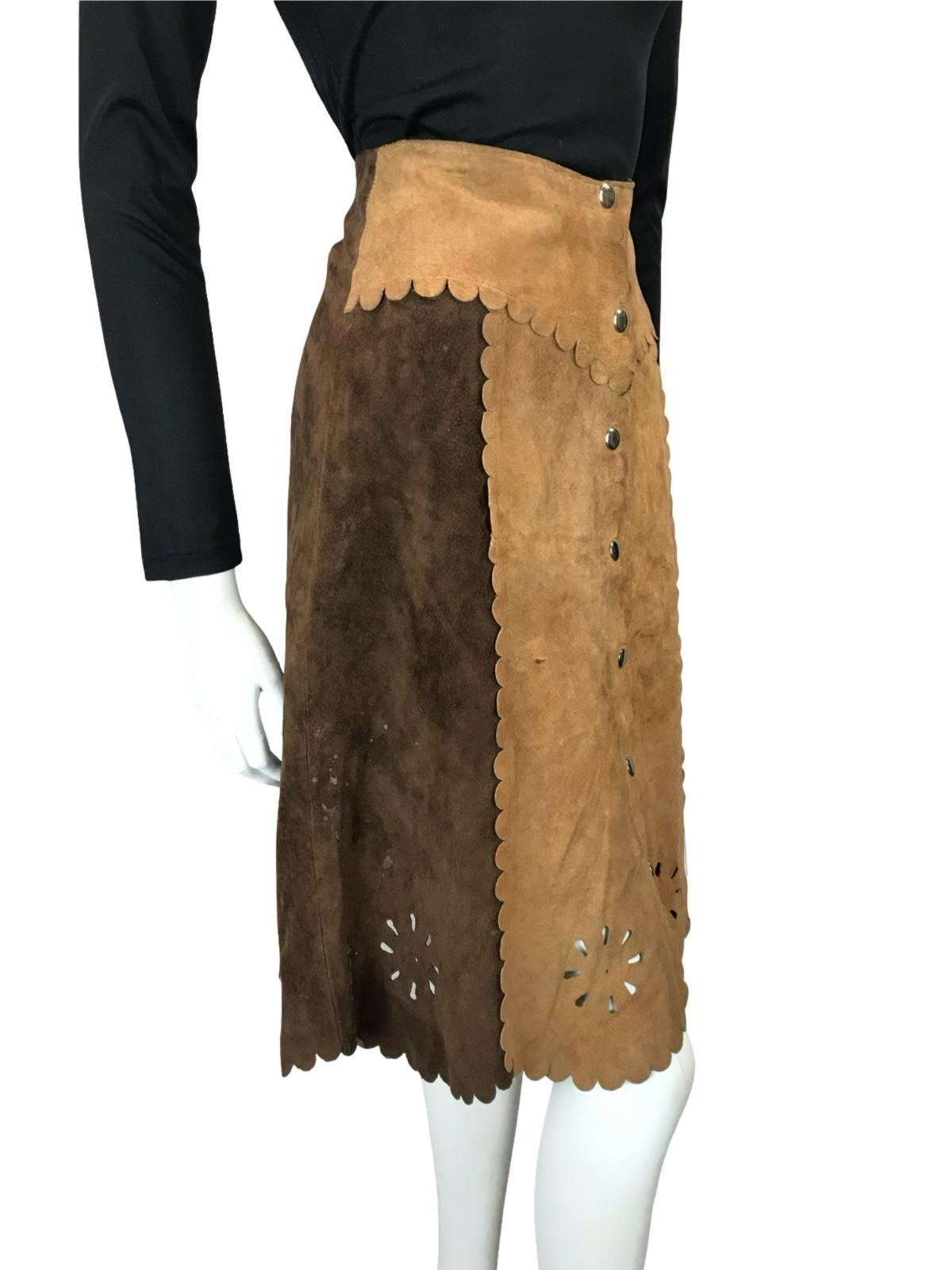 VTG 60S 70S BROWN TAN SUEDE TWO TONE SCALLOPED HIPPY BOHO MIDI SKIRT 6 XS