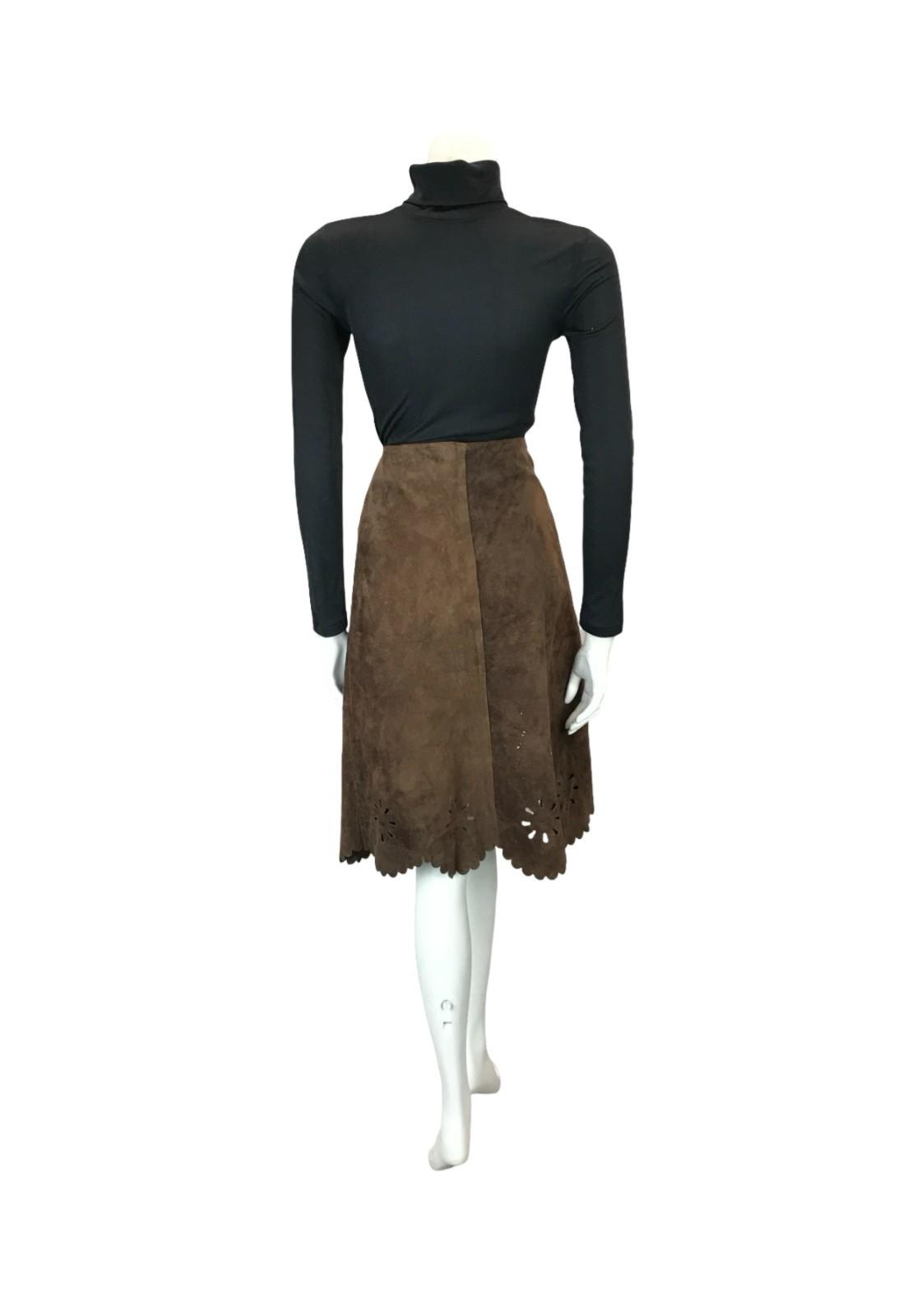 VTG 60S 70S BROWN TAN SUEDE TWO TONE SCALLOPED HIPPY BOHO MIDI SKIRT 6 XS