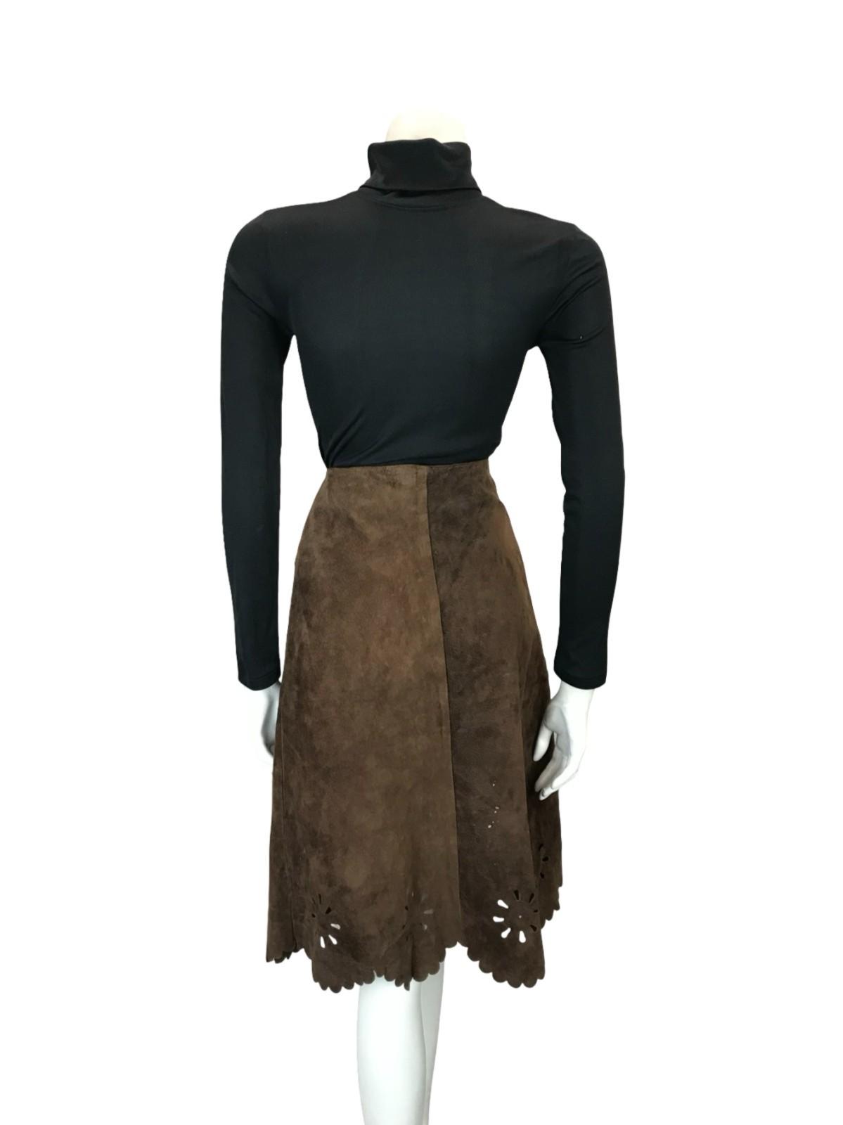VTG 60S 70S BROWN TAN SUEDE TWO TONE SCALLOPED HIPPY BOHO MIDI SKIRT 6 XS