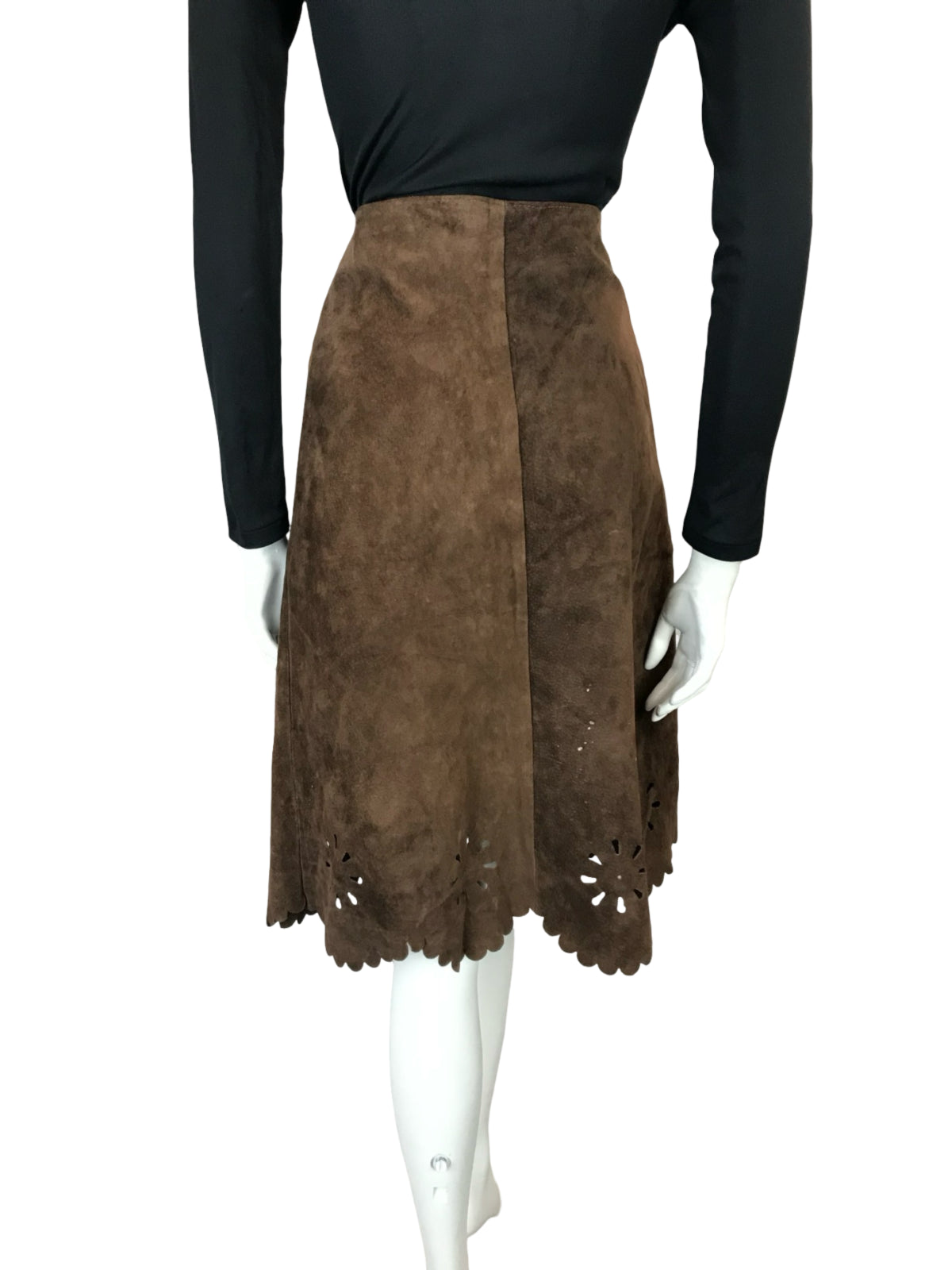 VTG 60S 70S BROWN TAN SUEDE TWO TONE SCALLOPED HIPPY BOHO MIDI SKIRT 6 XS
