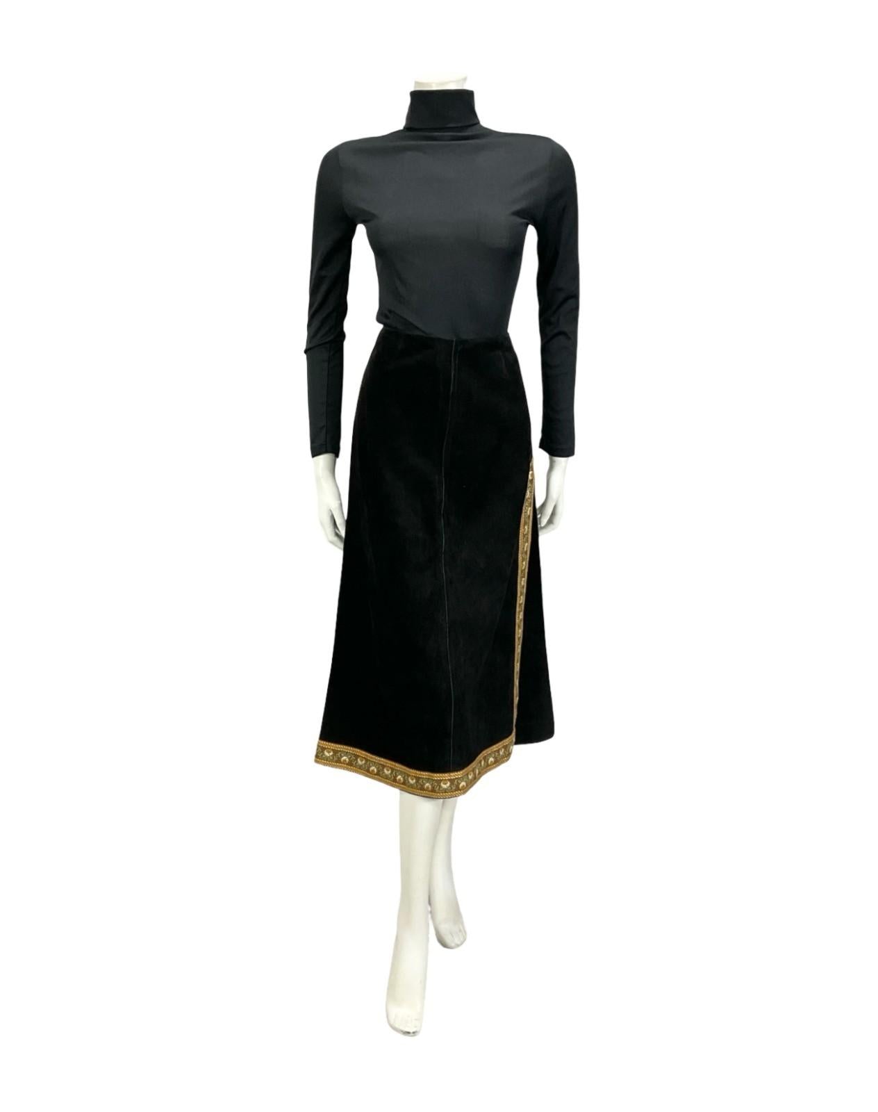 VTG 60S 70S BLACK SUEDE BROWN FOLK HIPPY BOHO FLORAL SIDE SLIT MIDI SKIRT XS 6