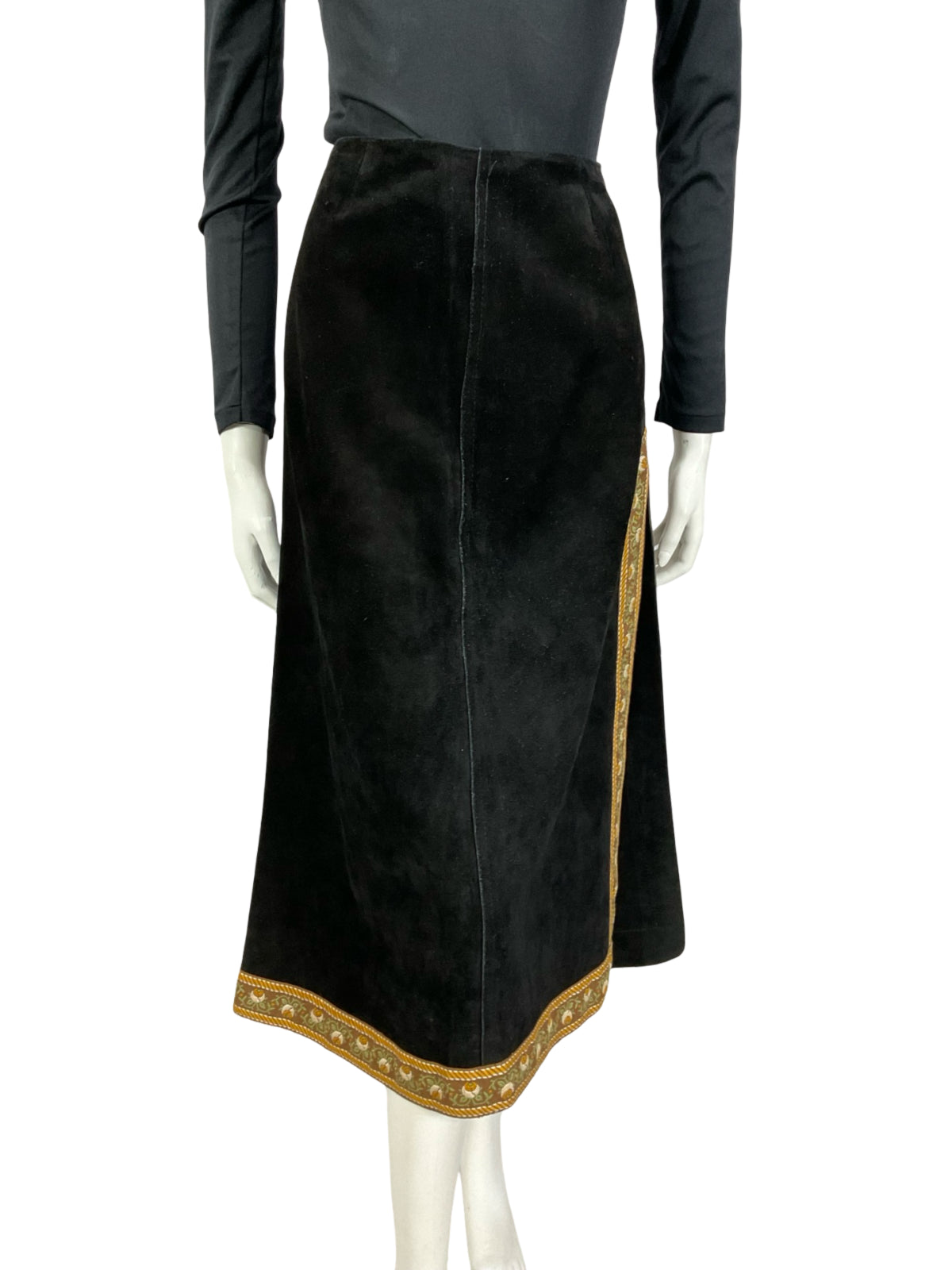 VTG 60S 70S BLACK SUEDE BROWN FOLK HIPPY BOHO FLORAL SIDE SLIT MIDI SKIRT XS 6