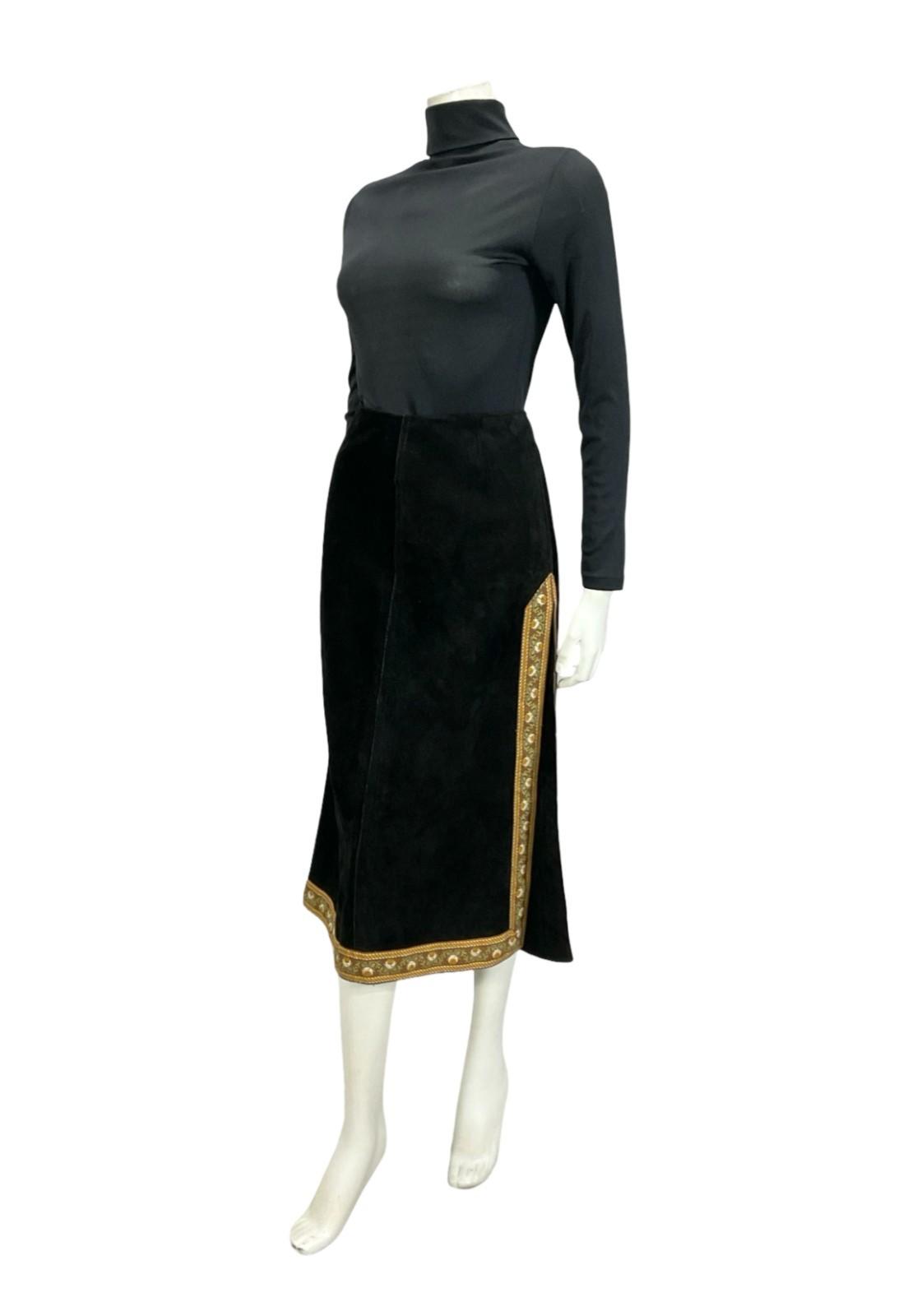 VTG 60S 70S BLACK SUEDE BROWN FOLK HIPPY BOHO FLORAL SIDE SLIT MIDI SKIRT XS 6