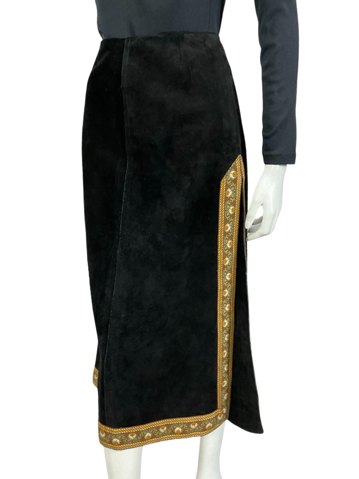 VTG 60S 70S BLACK SUEDE BROWN FOLK HIPPY BOHO FLORAL SIDE SLIT MIDI SKIRT XS 6