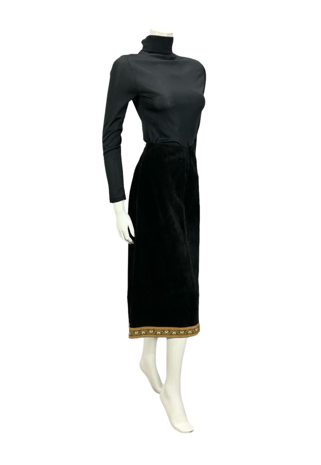 VTG 60S 70S BLACK SUEDE BROWN FOLK HIPPY BOHO FLORAL SIDE SLIT MIDI SKIRT XS 6