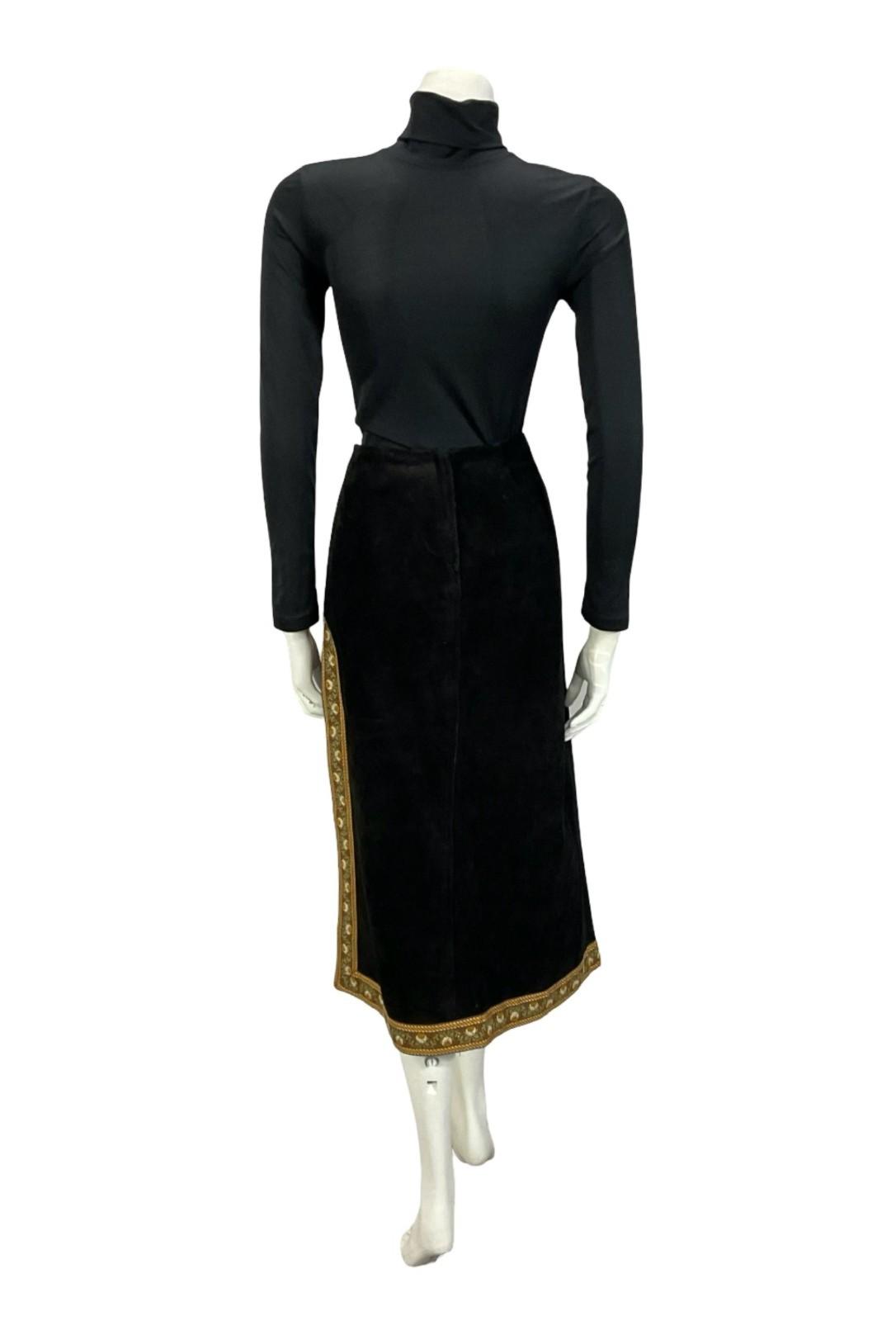 VTG 60S 70S BLACK SUEDE BROWN FOLK HIPPY BOHO FLORAL SIDE SLIT MIDI SKIRT XS 6
