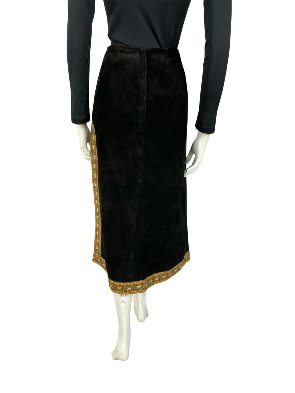 VTG 60S 70S BLACK SUEDE BROWN FOLK HIPPY BOHO FLORAL SIDE SLIT MIDI SKIRT XS 6