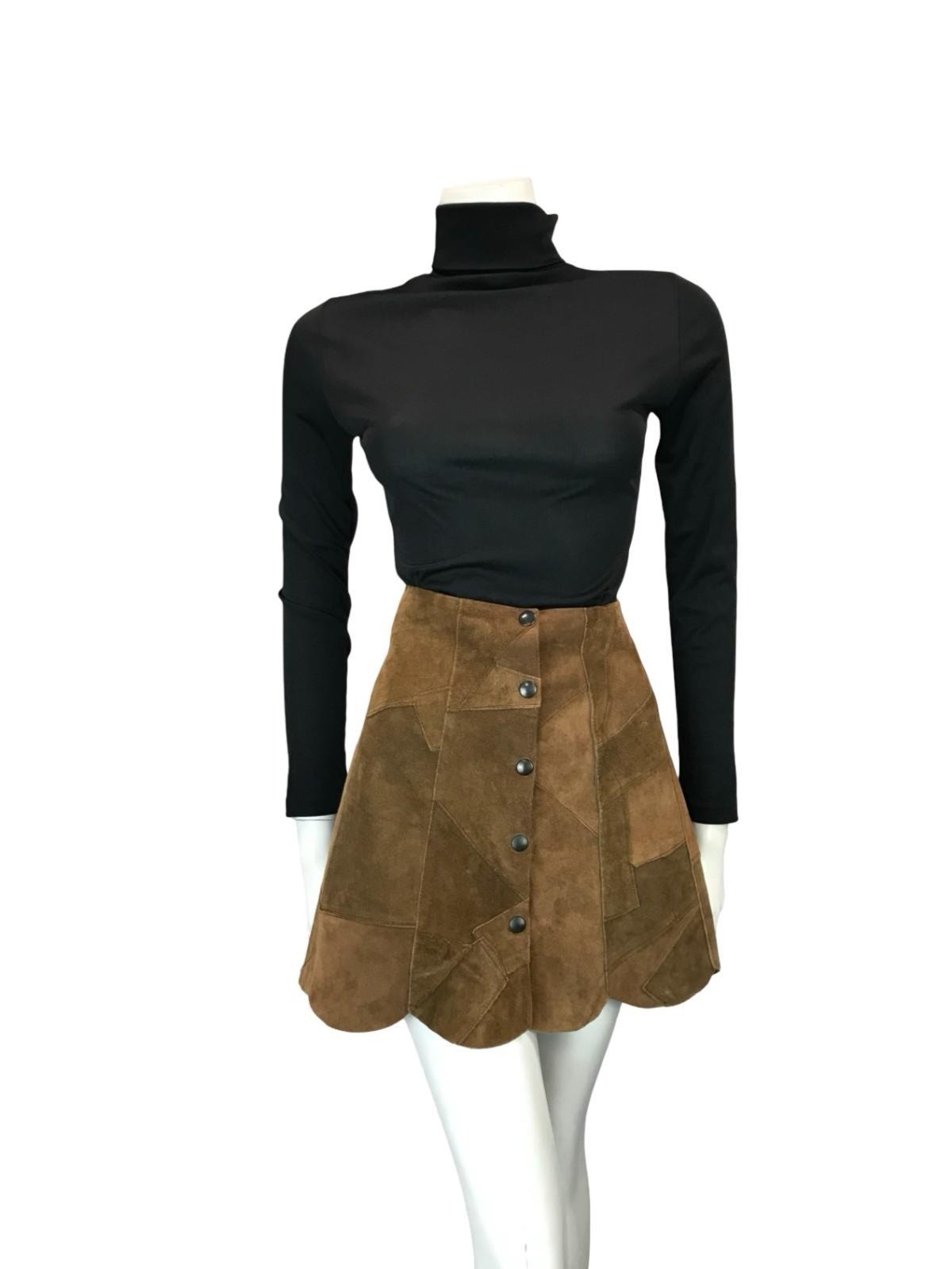 VTG 60S 70S HIPPY BOHO FESTIVAL PATCHWORK SCALLOPED BROWN SUEDE MINI SKIRT 8 10