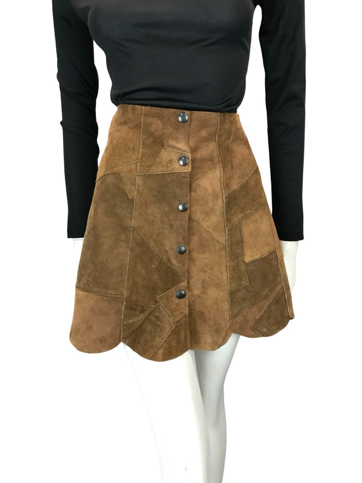 VTG 60S 70S HIPPY BOHO FESTIVAL PATCHWORK SCALLOPED BROWN SUEDE MINI SKIRT 8 10