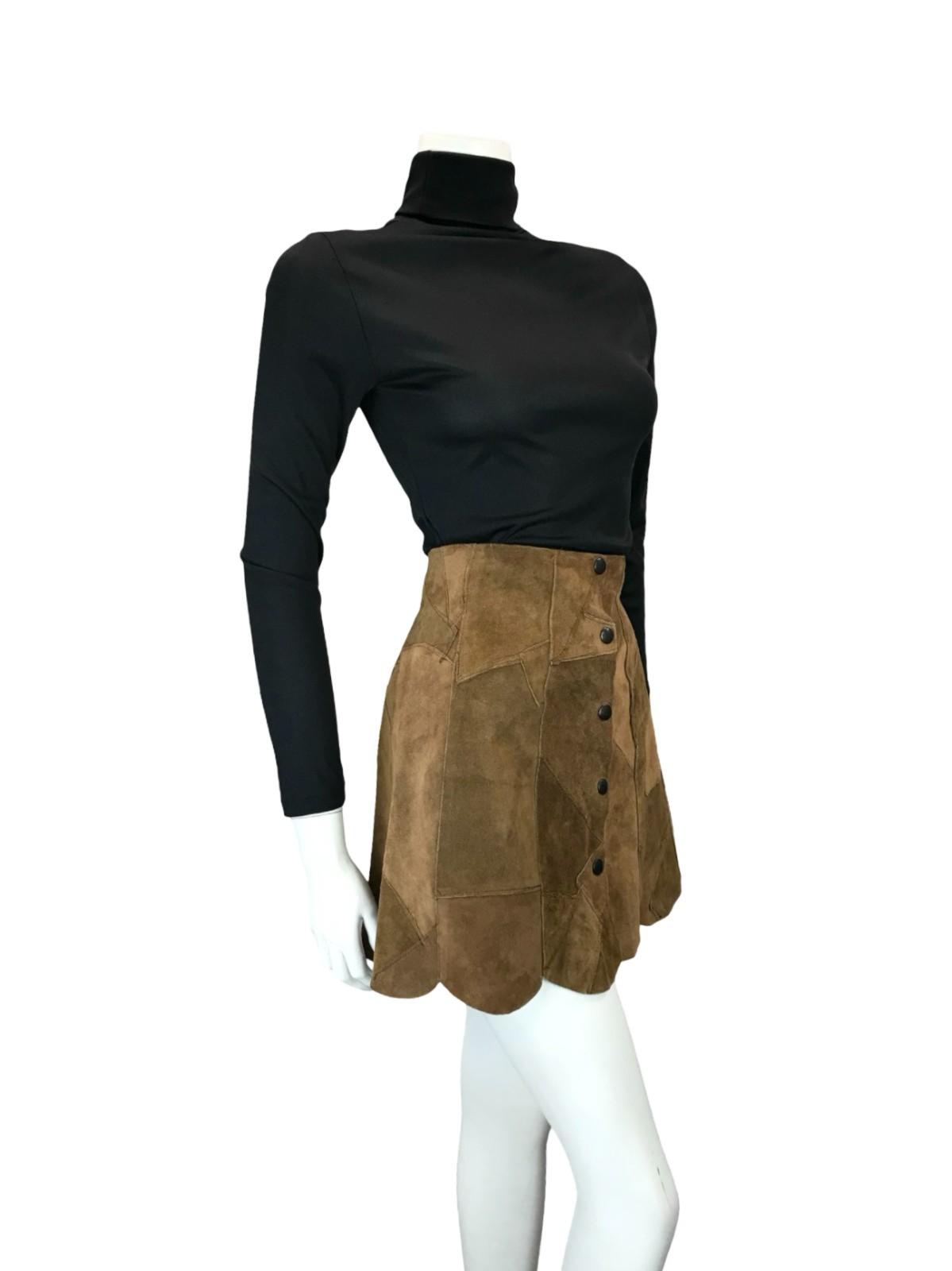VTG 60S 70S HIPPY BOHO FESTIVAL PATCHWORK SCALLOPED BROWN SUEDE MINI SKIRT 8 10