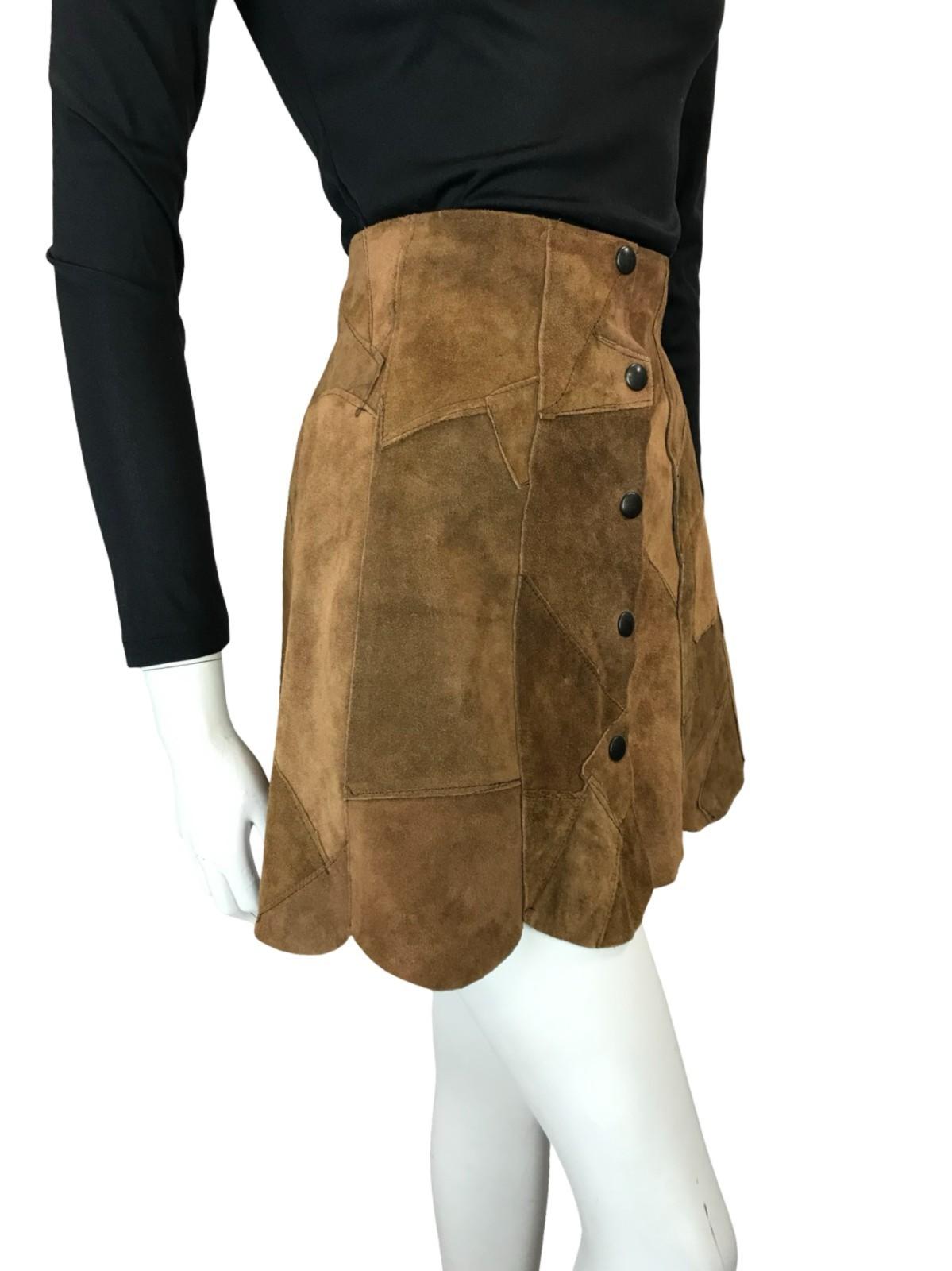 VTG 60S 70S HIPPY BOHO FESTIVAL PATCHWORK SCALLOPED BROWN SUEDE MINI SKIRT 8 10