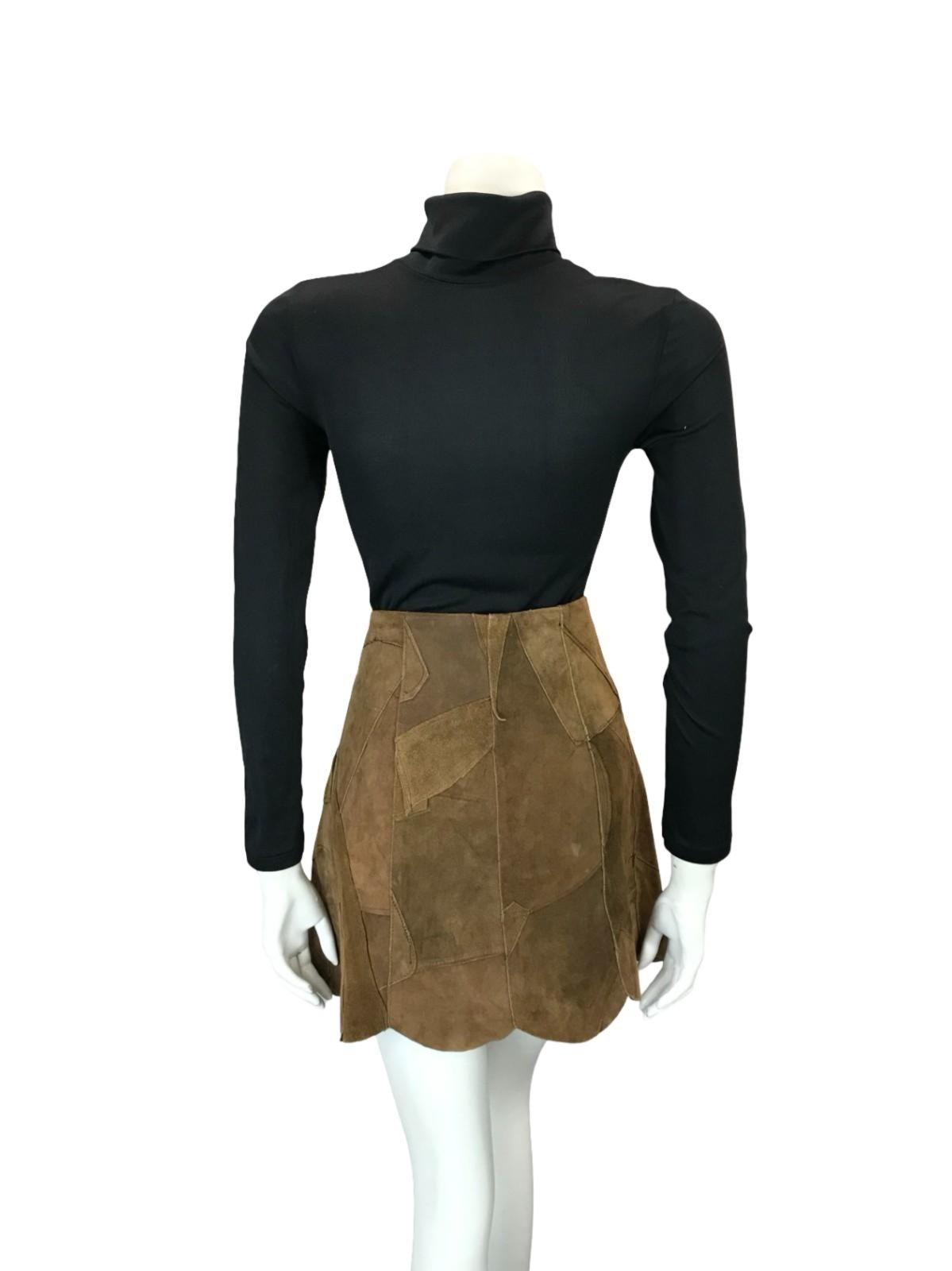 VTG 60S 70S HIPPY BOHO FESTIVAL PATCHWORK SCALLOPED BROWN SUEDE MINI SKIRT 8 10
