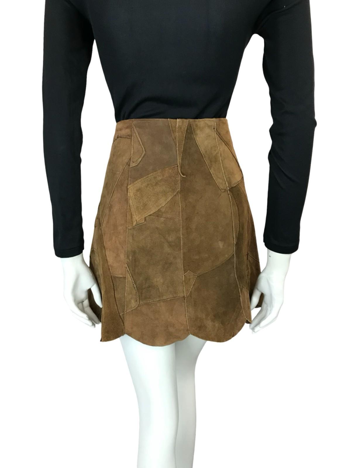 VTG 60S 70S HIPPY BOHO FESTIVAL PATCHWORK SCALLOPED BROWN SUEDE MINI SKIRT 8 10