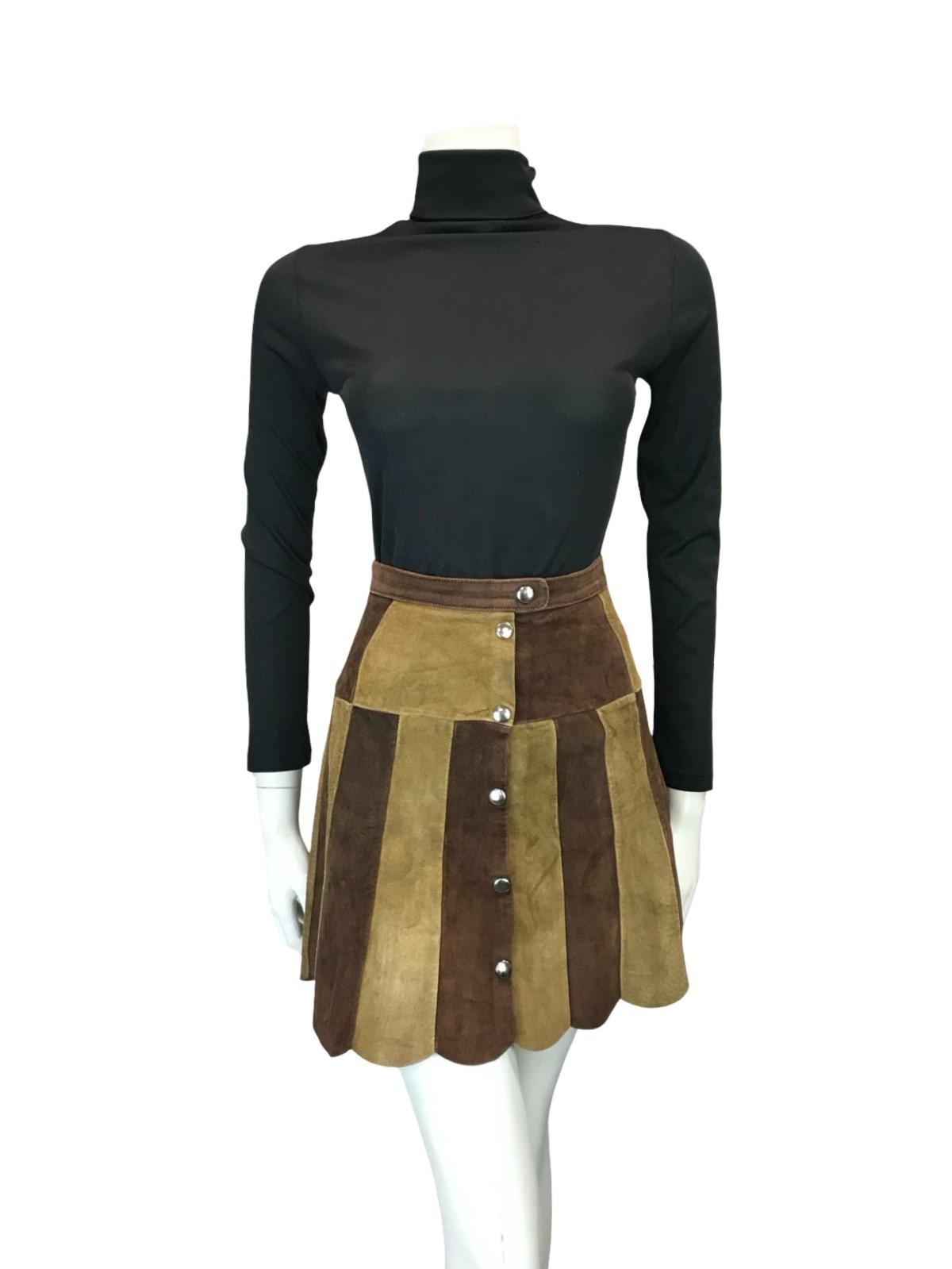 VTG 60S 70S HIPPY TWO TONE BROWN TAN SUEDE SCALLOPED HIPPY BOHO MINI SKIRT 4