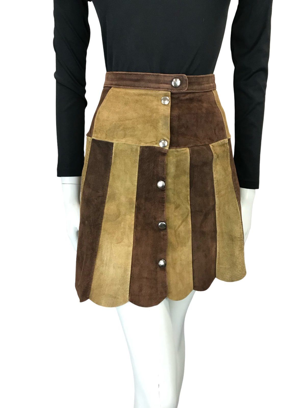 VTG 60S 70S HIPPY TWO TONE BROWN TAN SUEDE SCALLOPED HIPPY BOHO MINI SKIRT 4