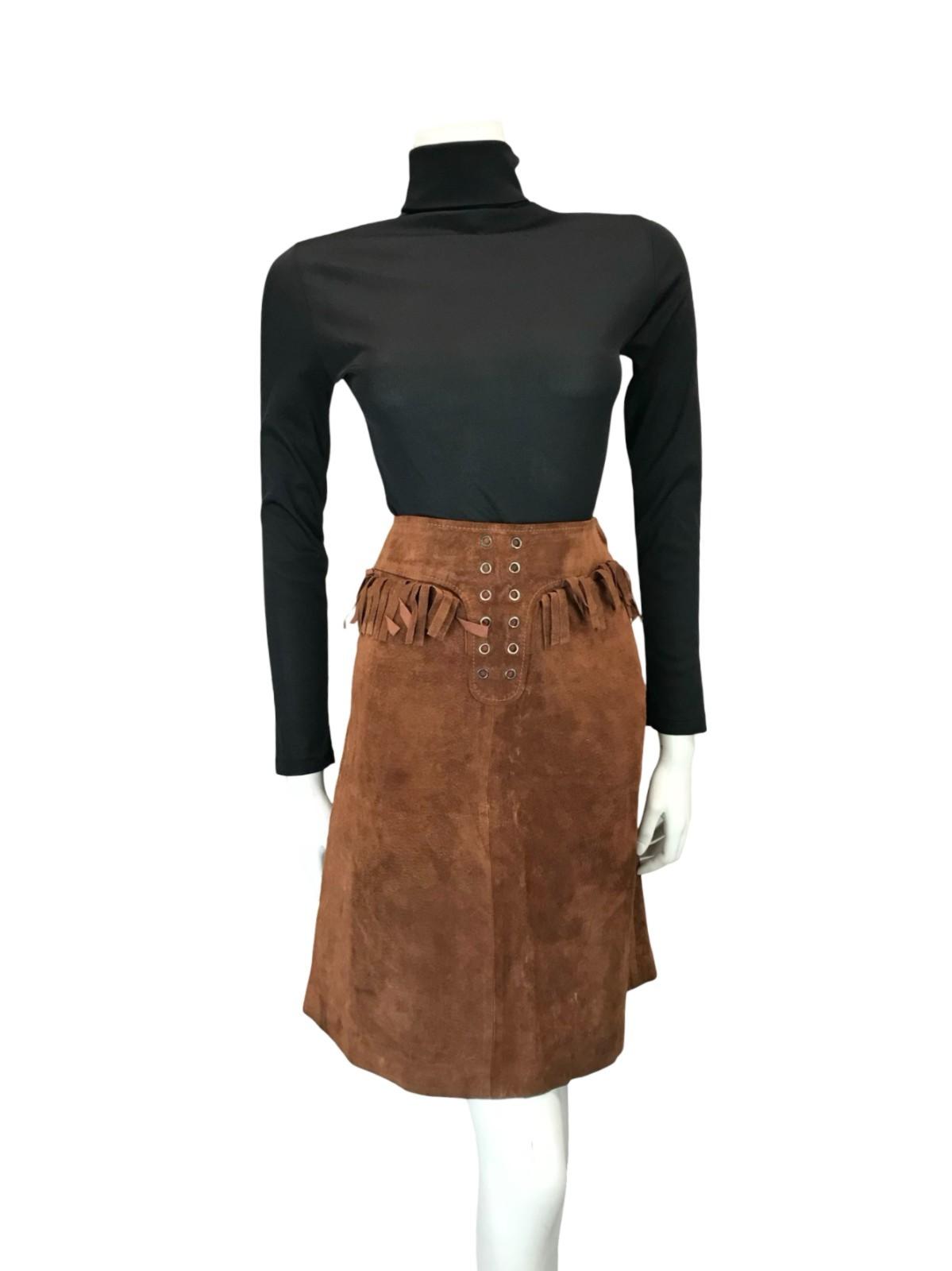 VTG 70S WESTERN COWBOY BROWN SUEDE FRINGE HIPPY BOHO MIDI SKIRT 4 6 XS
