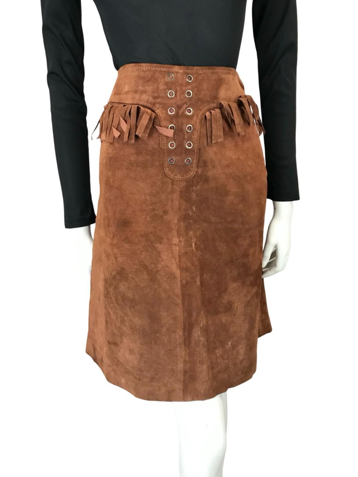 VTG 70S WESTERN COWBOY BROWN SUEDE FRINGE HIPPY BOHO MIDI SKIRT 4 6 XS