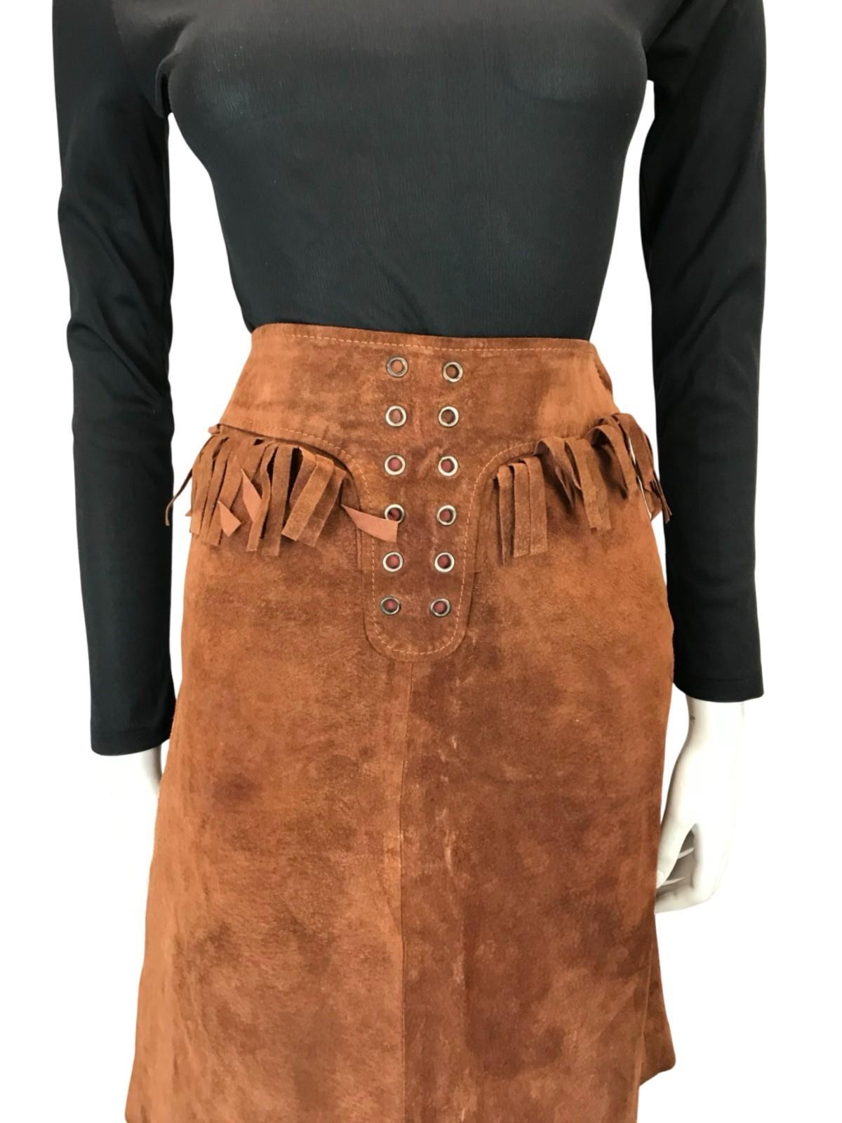 VTG 70S WESTERN COWBOY BROWN SUEDE FRINGE HIPPY BOHO MIDI SKIRT 4 6 XS
