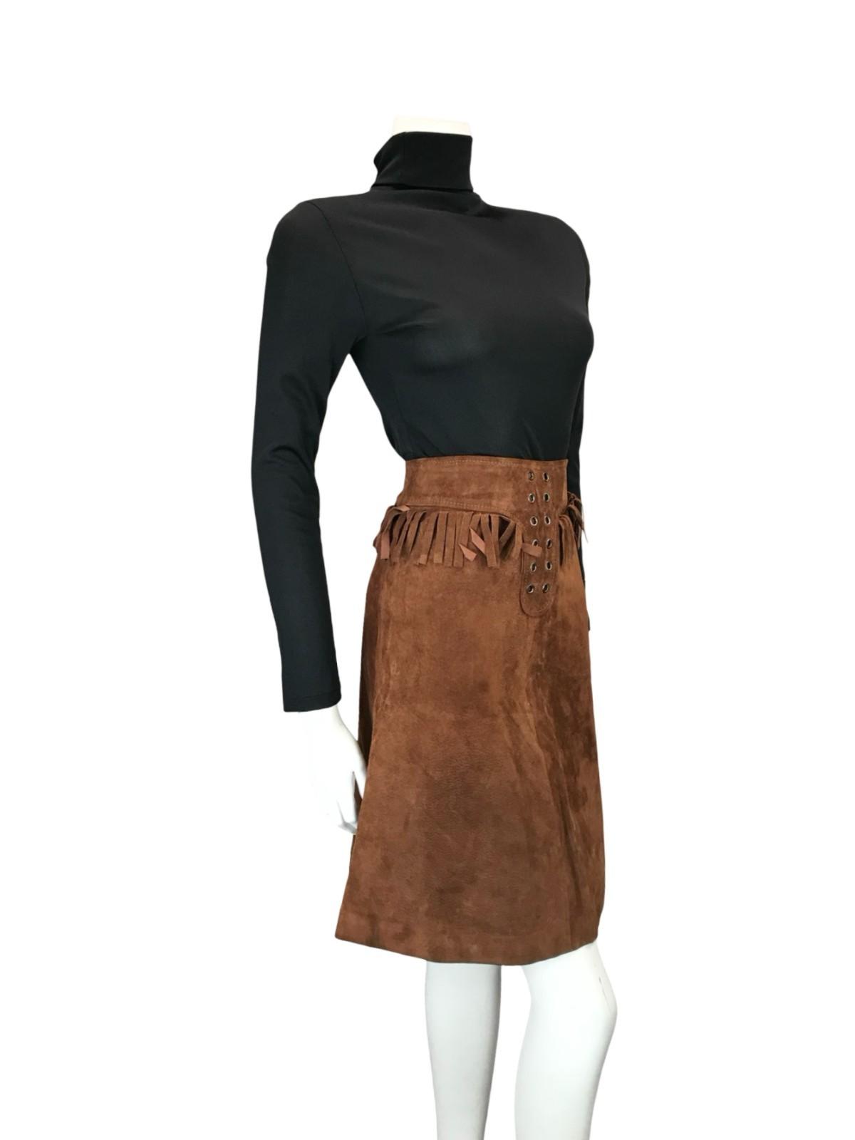 VTG 70S WESTERN COWBOY BROWN SUEDE FRINGE HIPPY BOHO MIDI SKIRT 4 6 XS