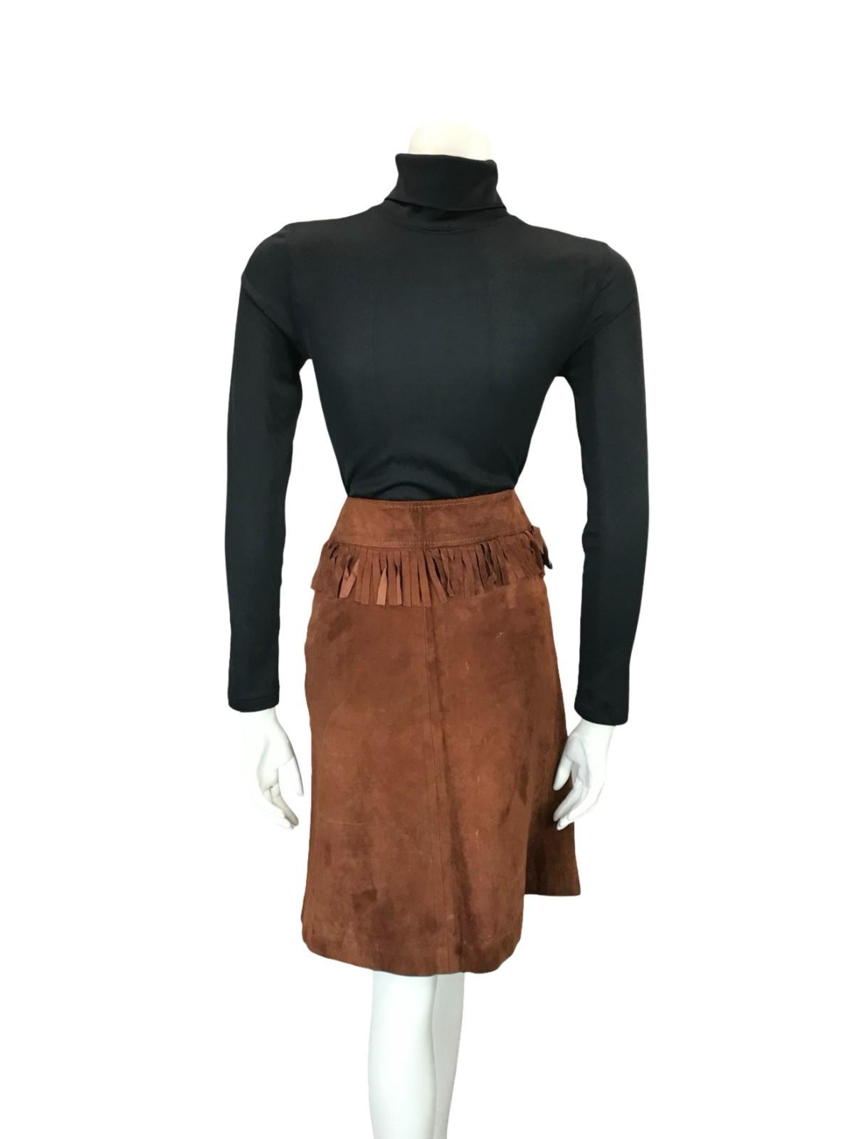 VTG 70S WESTERN COWBOY BROWN SUEDE FRINGE HIPPY BOHO MIDI SKIRT 4 6 XS