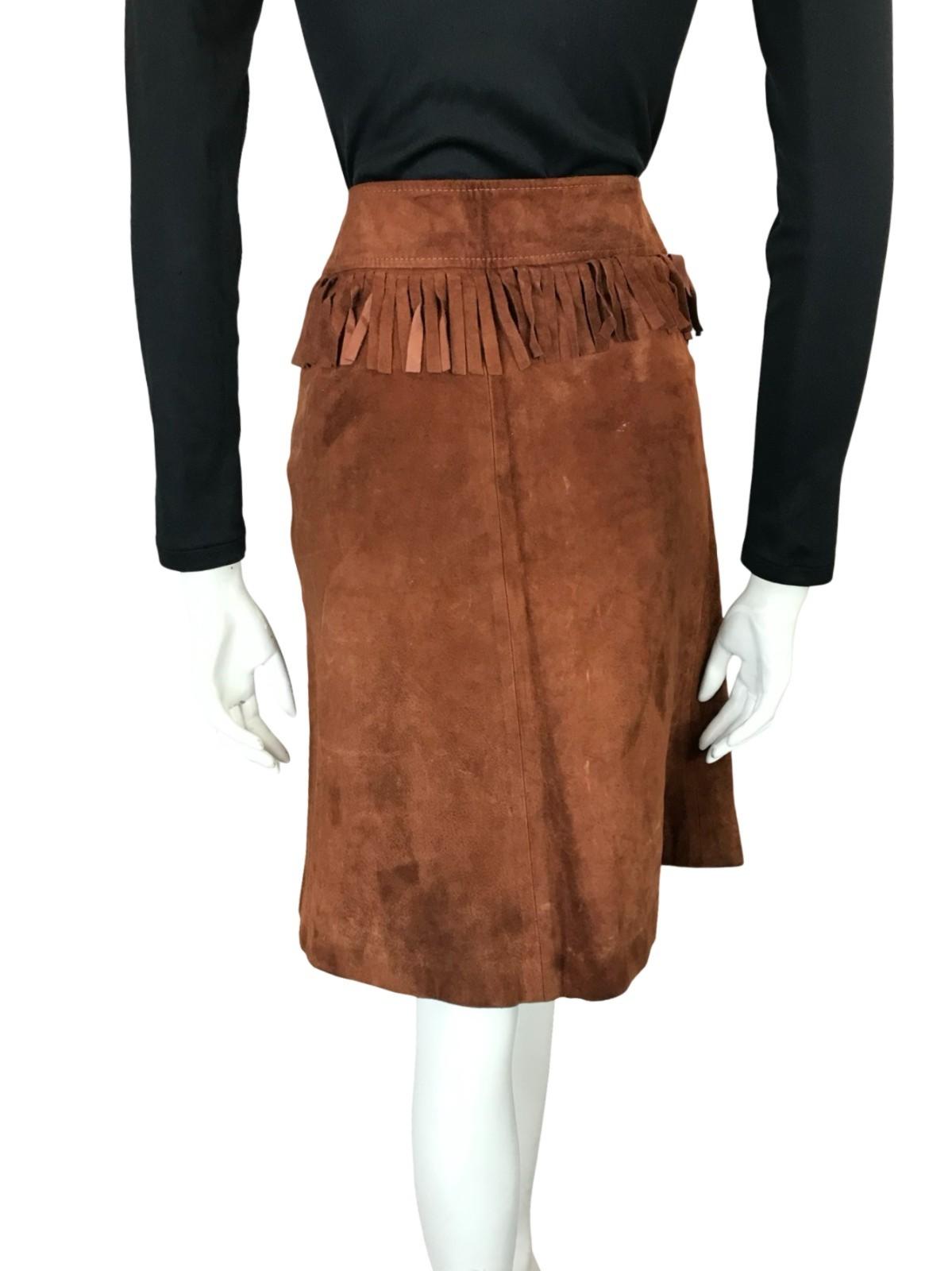VTG 70S WESTERN COWBOY BROWN SUEDE FRINGE HIPPY BOHO MIDI SKIRT 4 6 XS