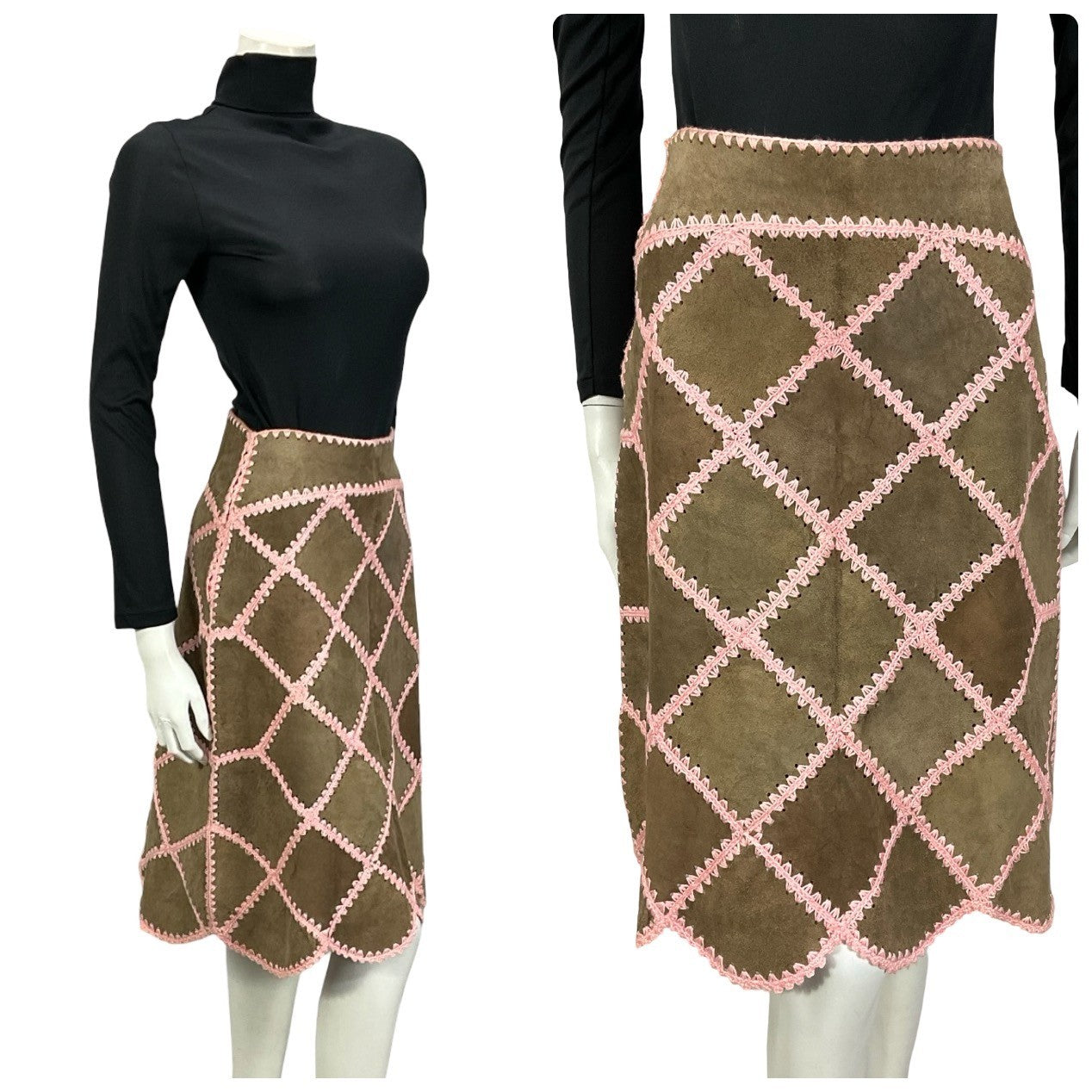 VTG 60S 70S BROWN SUEDE PINK CROCHETED PATCHWORK SCALLOPED HIPPY BOHO SKIRT 6 XS