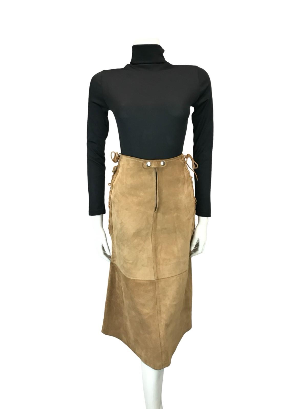 VTG 70S TAN BROWN SUEDE CORSET LACE UP HIPPY BOHO A LINE MIDI SKIRT 4 6 8 XS S