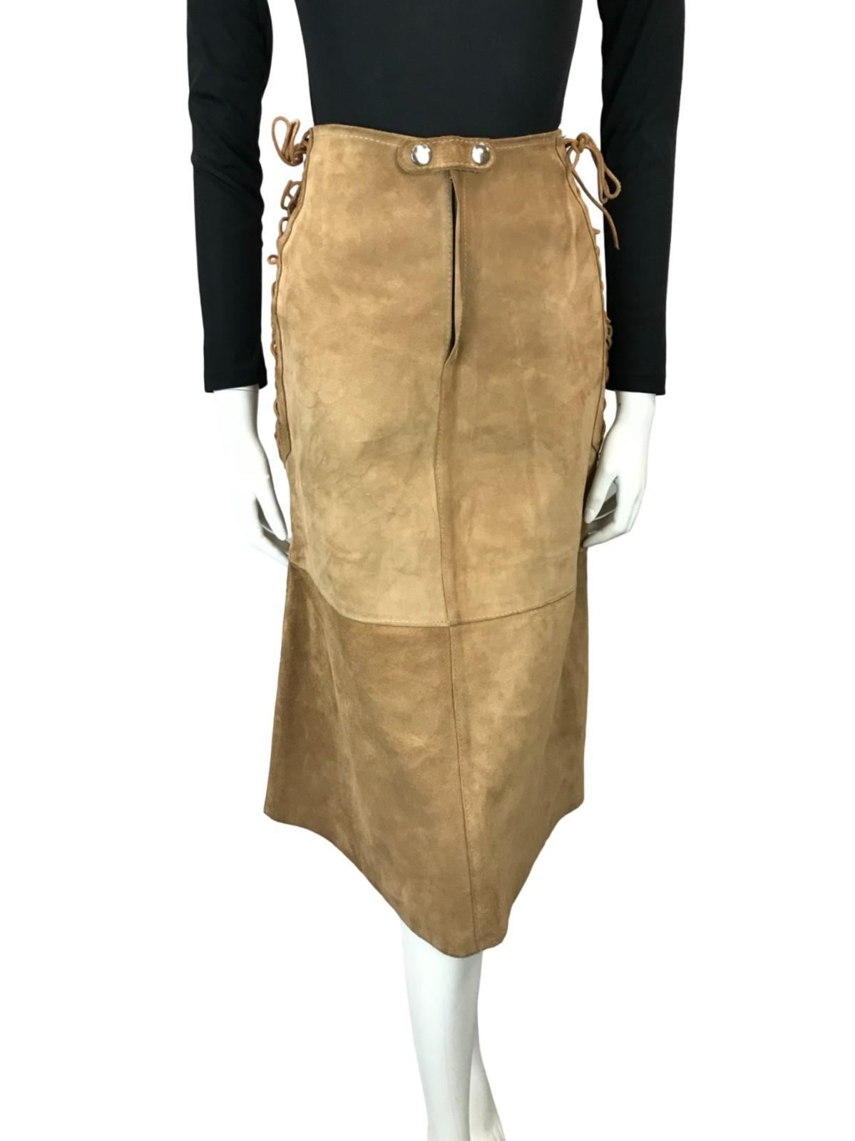 VTG 70S TAN BROWN SUEDE CORSET LACE UP HIPPY BOHO A LINE MIDI SKIRT 4 6 8 XS S