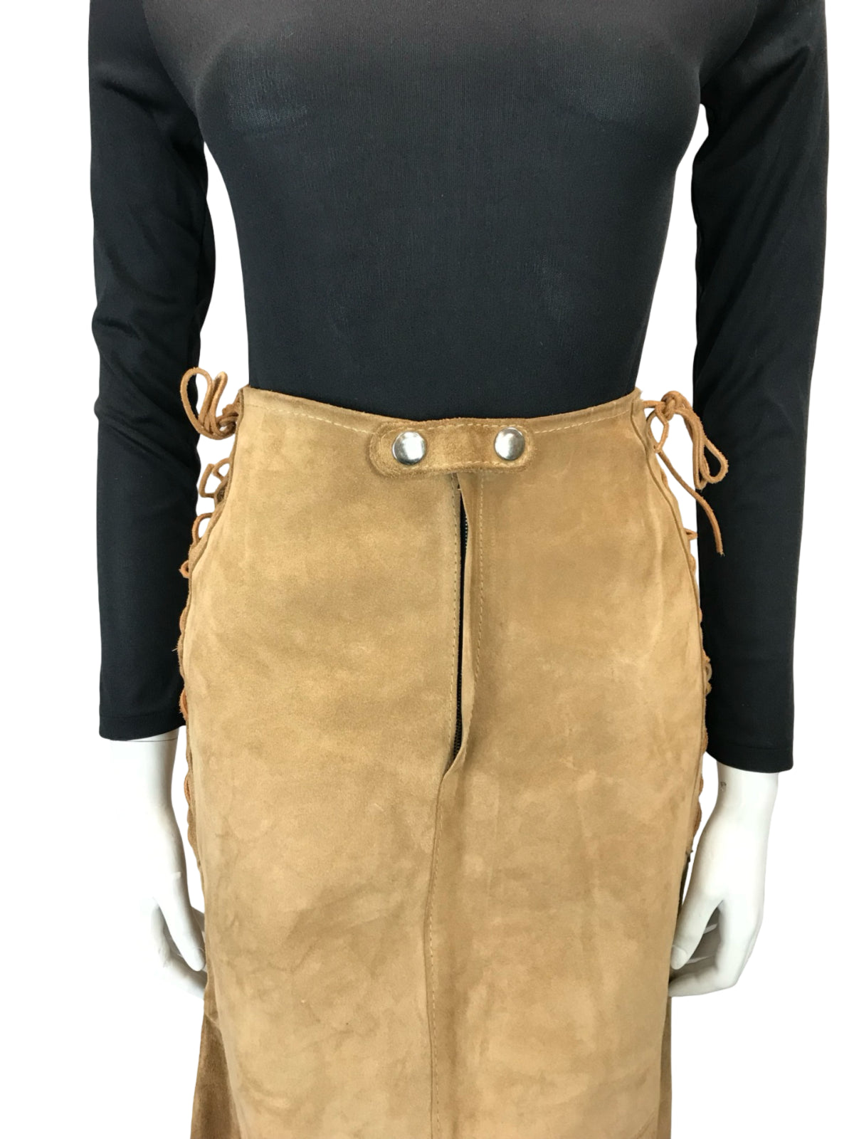 VTG 70S TAN BROWN SUEDE CORSET LACE UP HIPPY BOHO A LINE MIDI SKIRT 4 6 8 XS S