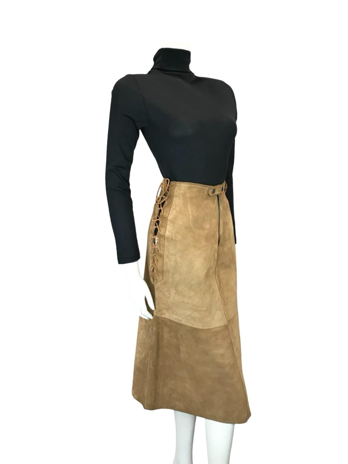 VTG 70S TAN BROWN SUEDE CORSET LACE UP HIPPY BOHO A LINE MIDI SKIRT 4 6 8 XS S