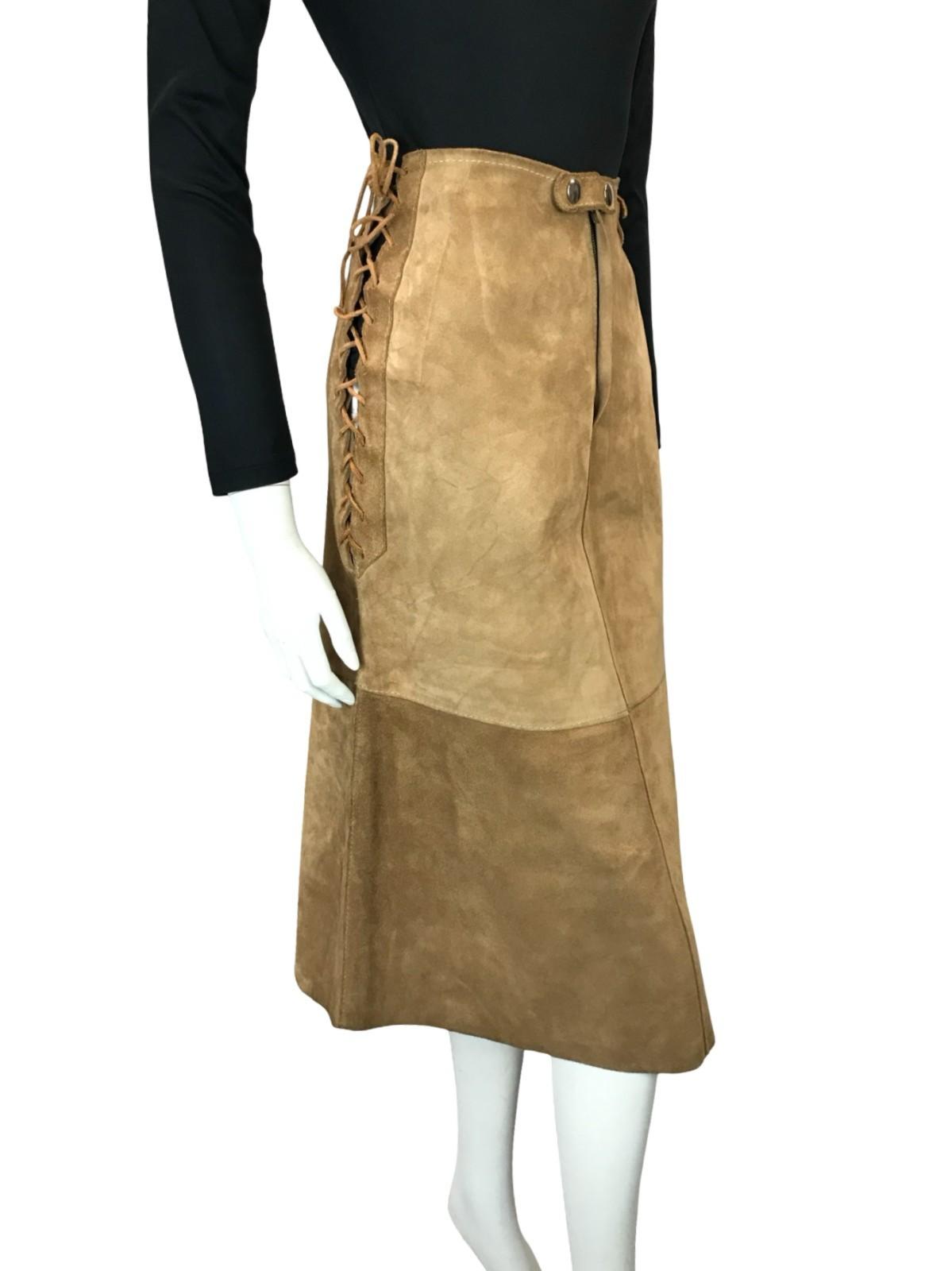 VTG 70S TAN BROWN SUEDE CORSET LACE UP HIPPY BOHO A LINE MIDI SKIRT 4 6 8 XS S