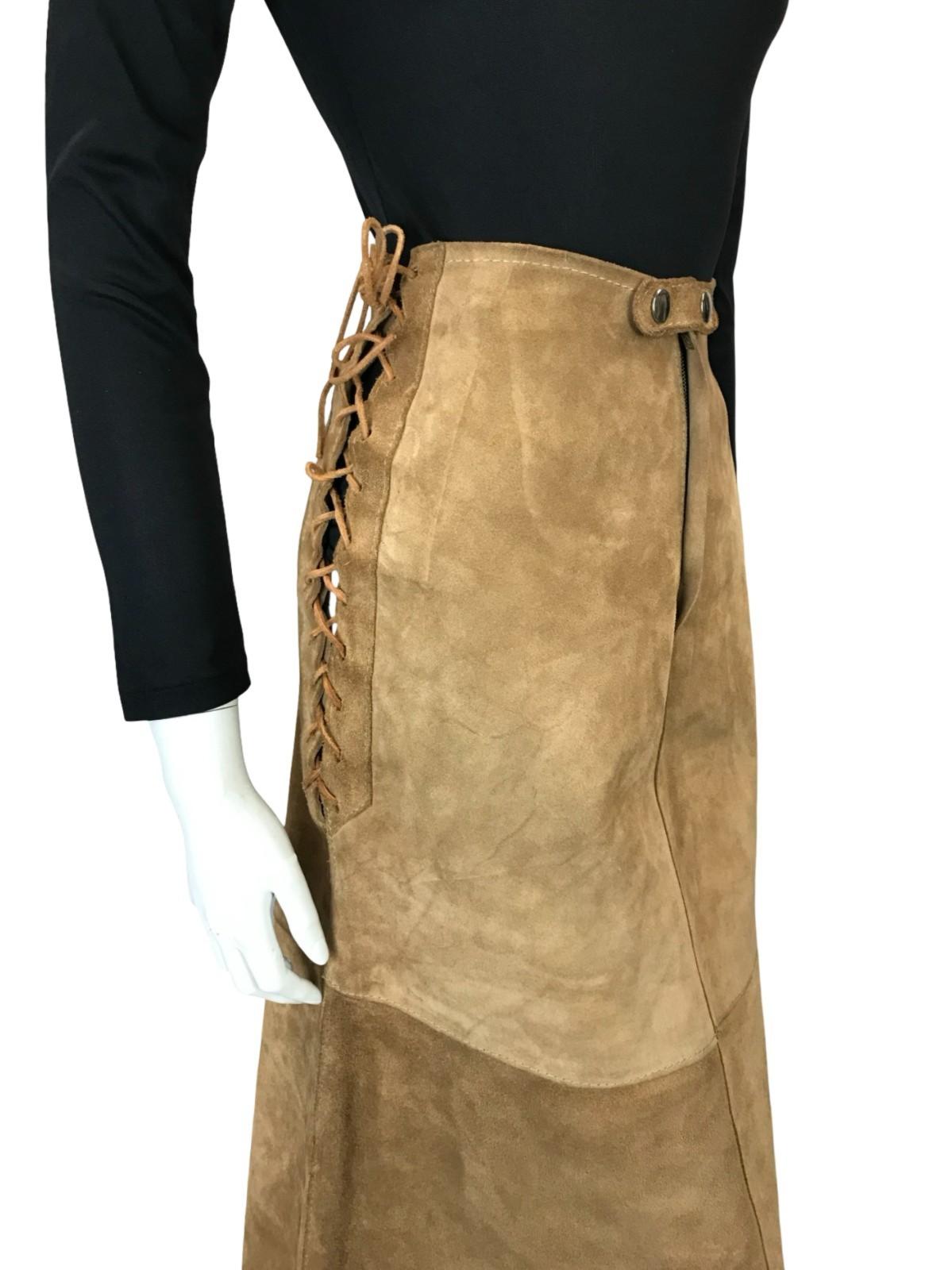 VTG 70S TAN BROWN SUEDE CORSET LACE UP HIPPY BOHO A LINE MIDI SKIRT 4 6 8 XS S