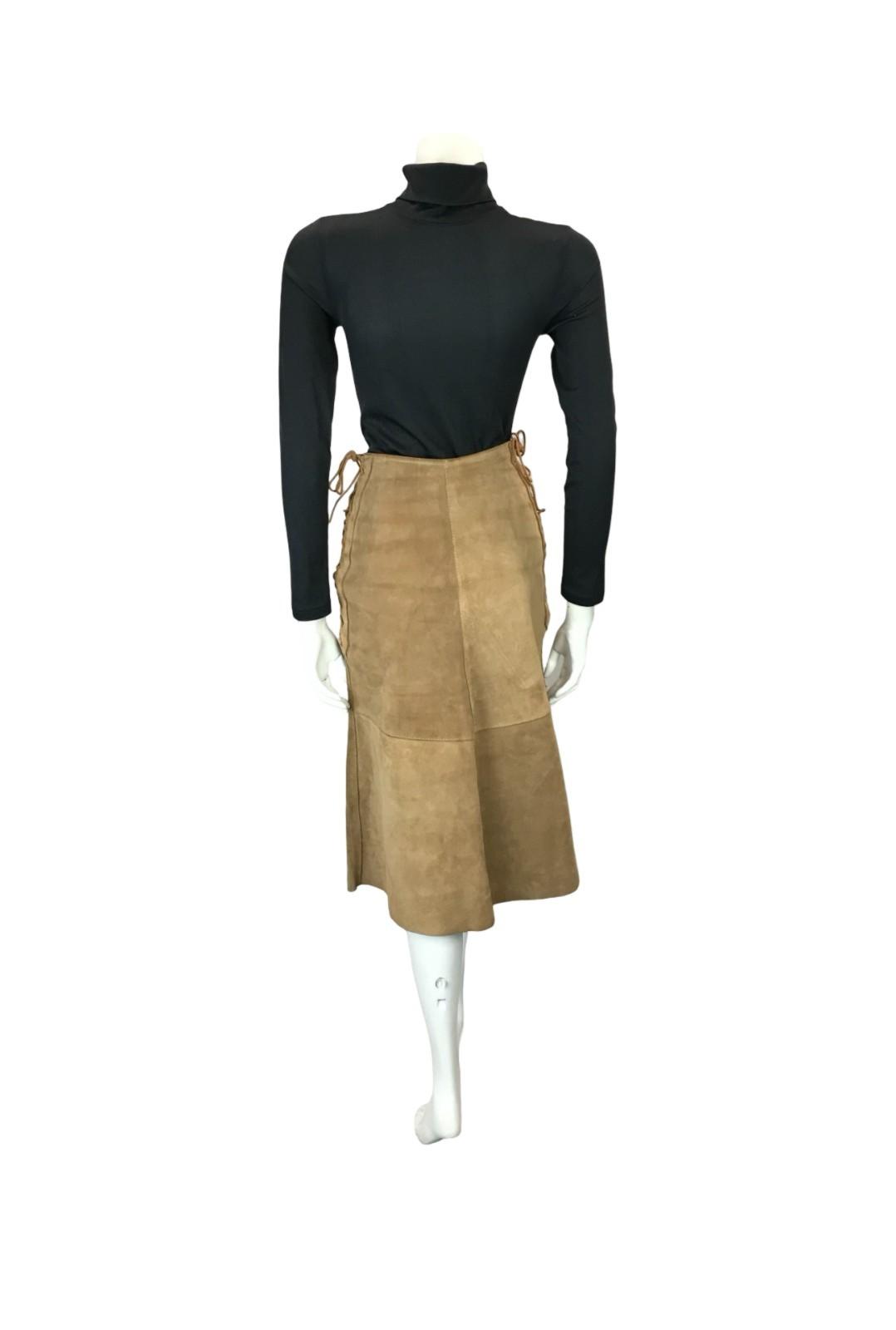 VTG 70S TAN BROWN SUEDE CORSET LACE UP HIPPY BOHO A LINE MIDI SKIRT 4 6 8 XS S