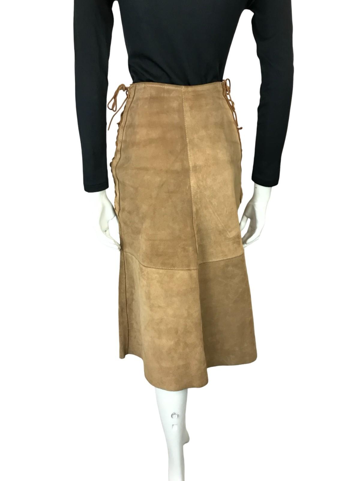 VTG 70S TAN BROWN SUEDE CORSET LACE UP HIPPY BOHO A LINE MIDI SKIRT 4 6 8 XS S