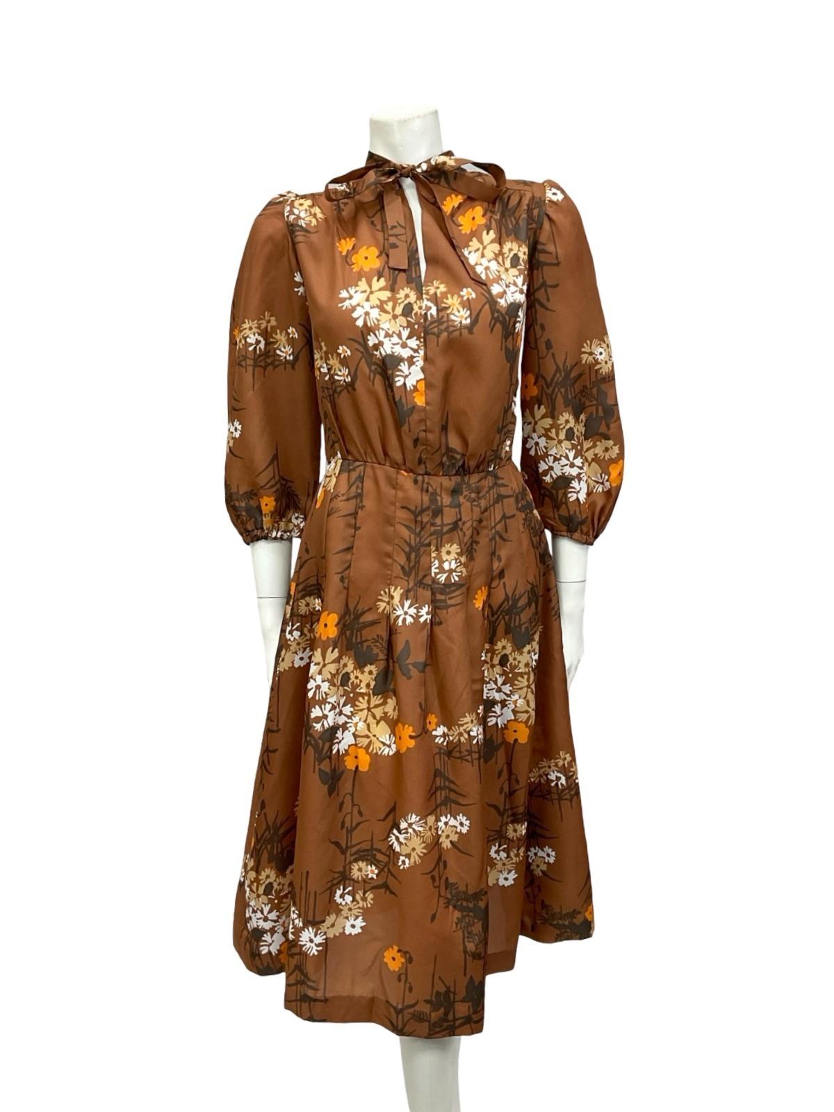 VTG 70S BROWN BEIGE ORANGE WHITE FLORAL PUSSYBOW HOURGLASS MIDI DRESS 10