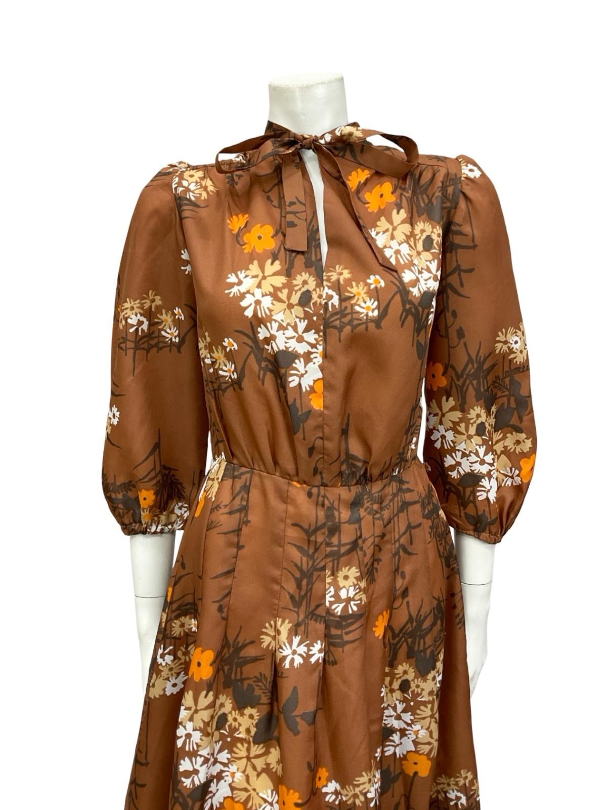 VTG 70S BROWN BEIGE ORANGE WHITE FLORAL PUSSYBOW HOURGLASS MIDI DRESS 10