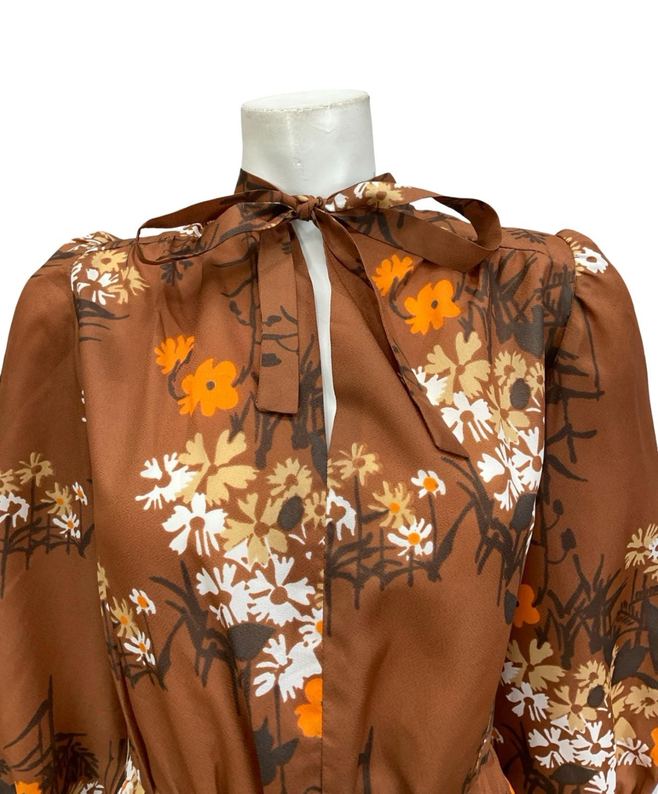 VTG 70S BROWN BEIGE ORANGE WHITE FLORAL PUSSYBOW HOURGLASS MIDI DRESS 10