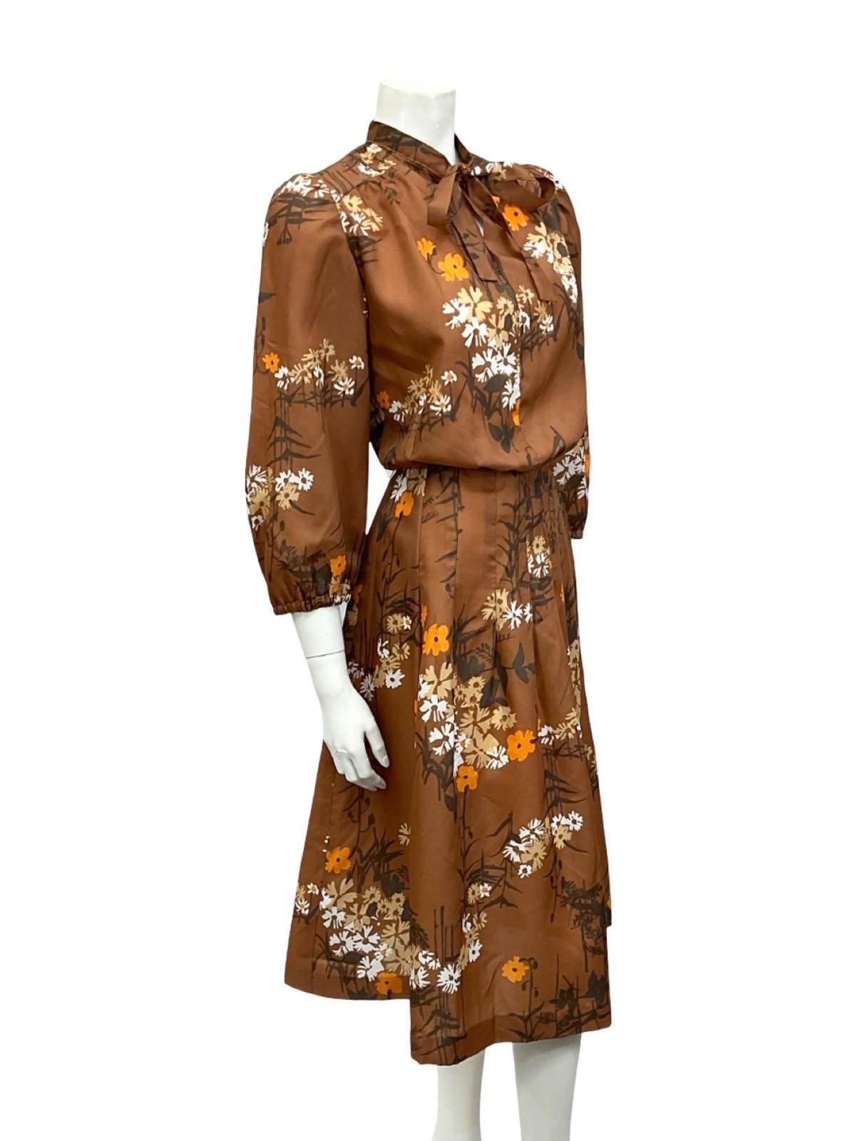 VTG 70S BROWN BEIGE ORANGE WHITE FLORAL PUSSYBOW HOURGLASS MIDI DRESS 10