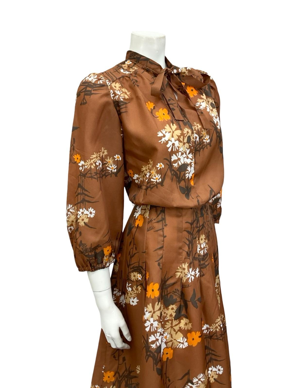 VTG 70S BROWN BEIGE ORANGE WHITE FLORAL PUSSYBOW HOURGLASS MIDI DRESS 10