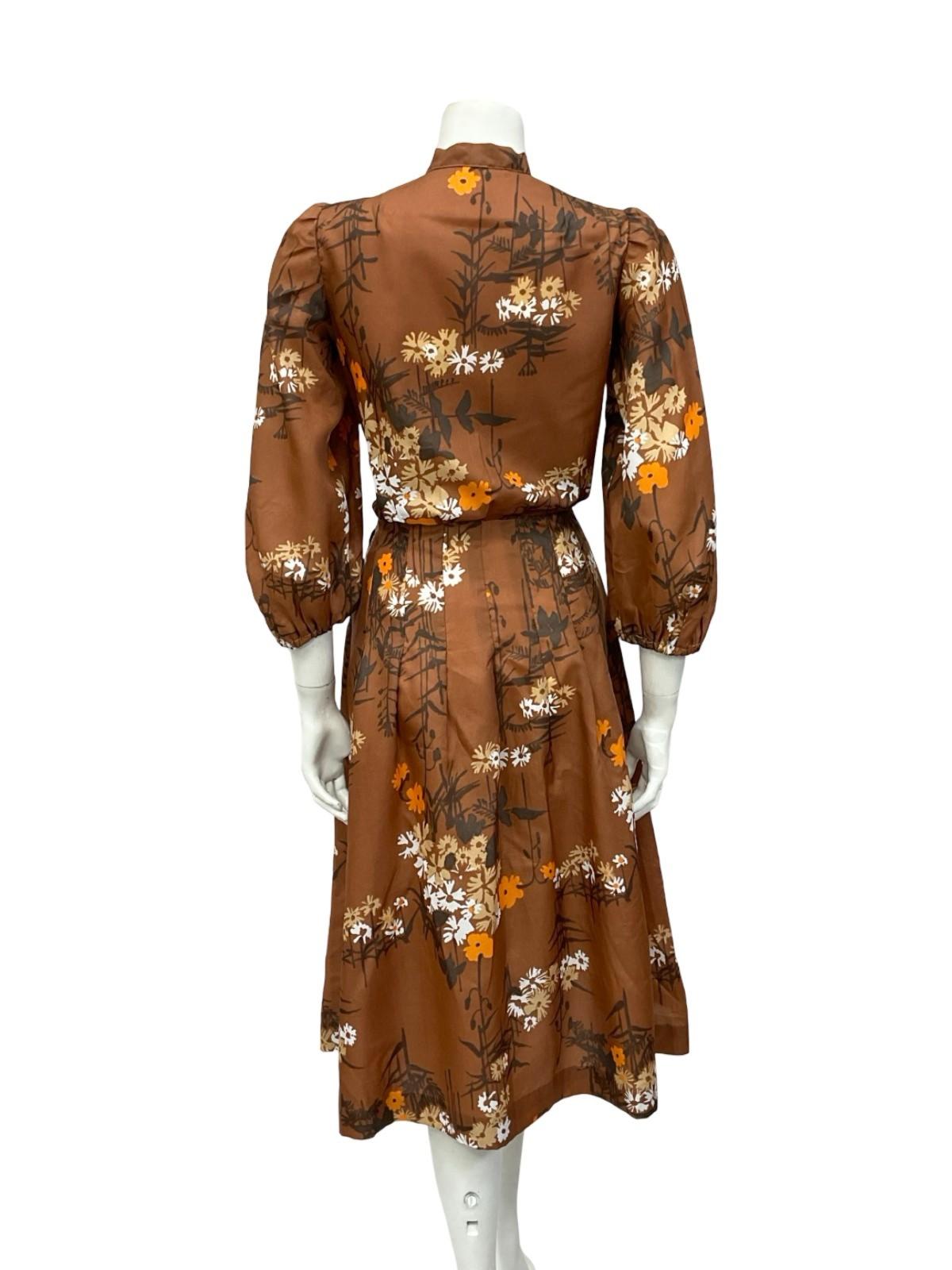 VTG 70S BROWN BEIGE ORANGE WHITE FLORAL PUSSYBOW HOURGLASS MIDI DRESS 10
