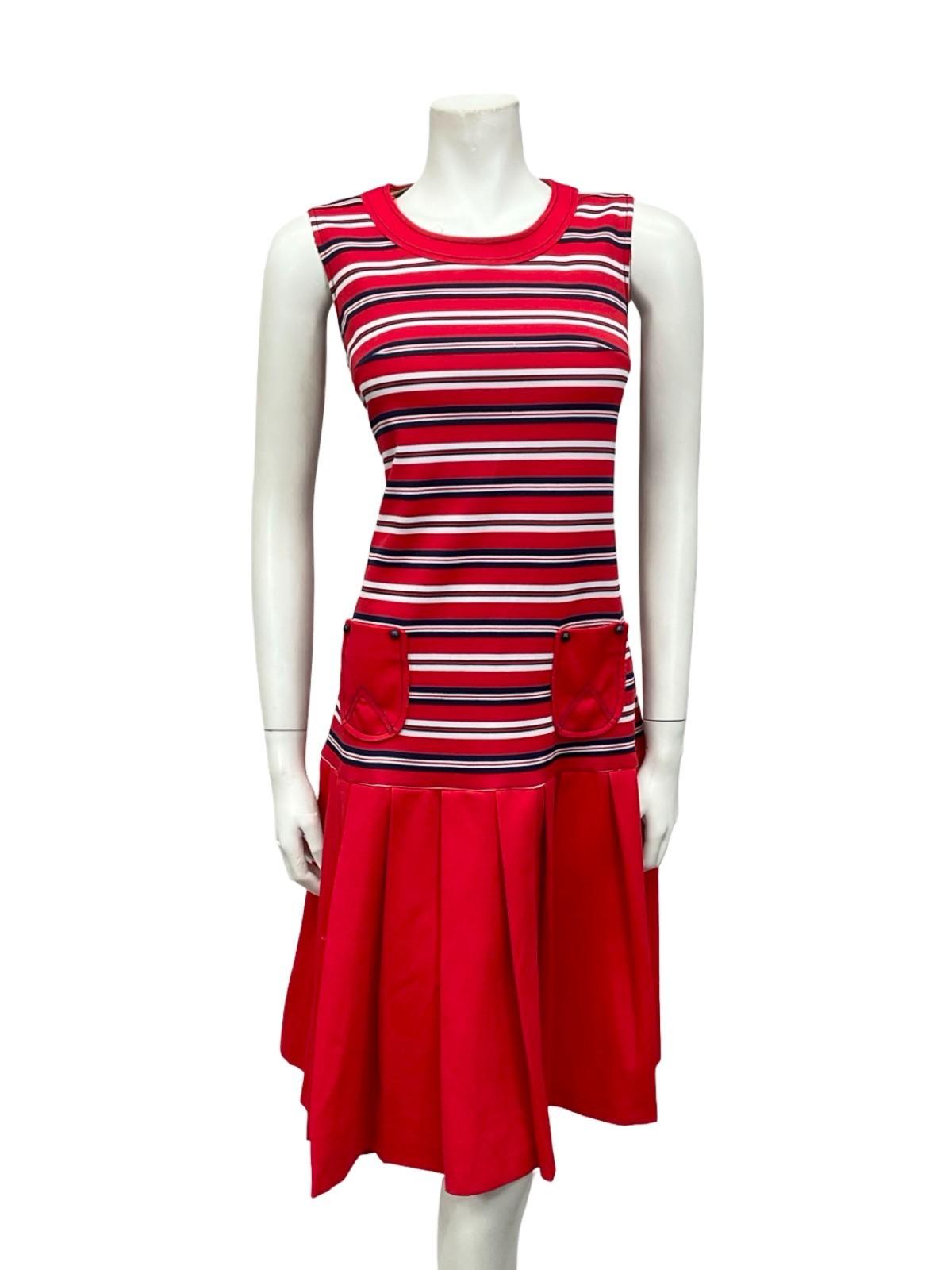 VTG 60S PENNY LANE RED WHITE NAVY BLUE MOD DROPPED WAIST PLEATED SHIFT DRESS 12