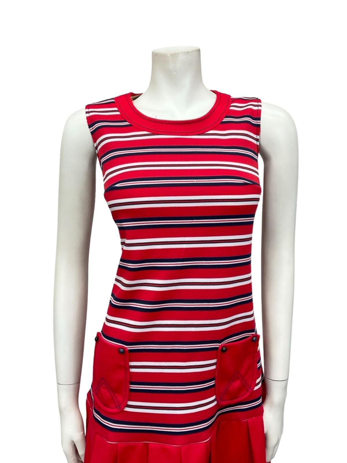 VTG 60S PENNY LANE RED WHITE NAVY BLUE MOD DROPPED WAIST PLEATED SHIFT DRESS 12