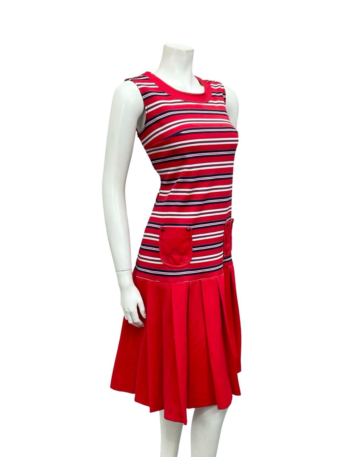 VTG 60S PENNY LANE RED WHITE NAVY BLUE MOD DROPPED WAIST PLEATED SHIFT DRESS 12
