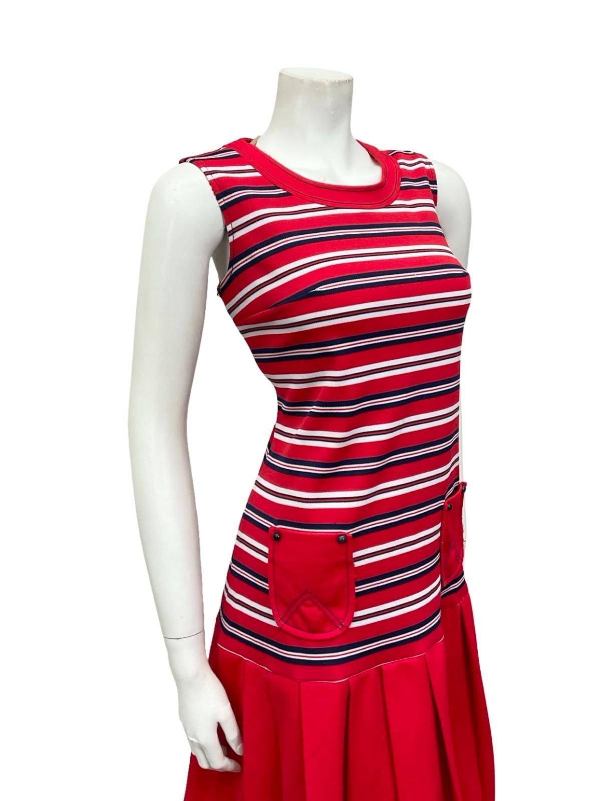 VTG 60S PENNY LANE RED WHITE NAVY BLUE MOD DROPPED WAIST PLEATED SHIFT DRESS 12