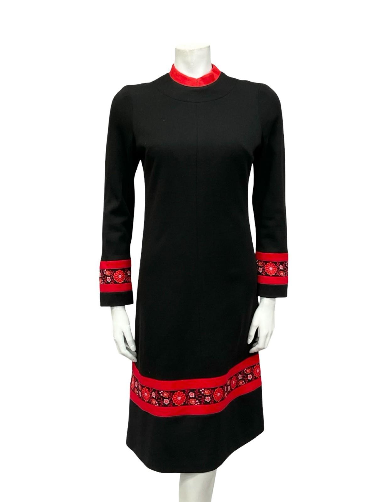 VTG 60S MOD FOLK BLACK RED FLORAL MANDARIN COLLAR SHIFT MIDI DRESS 10